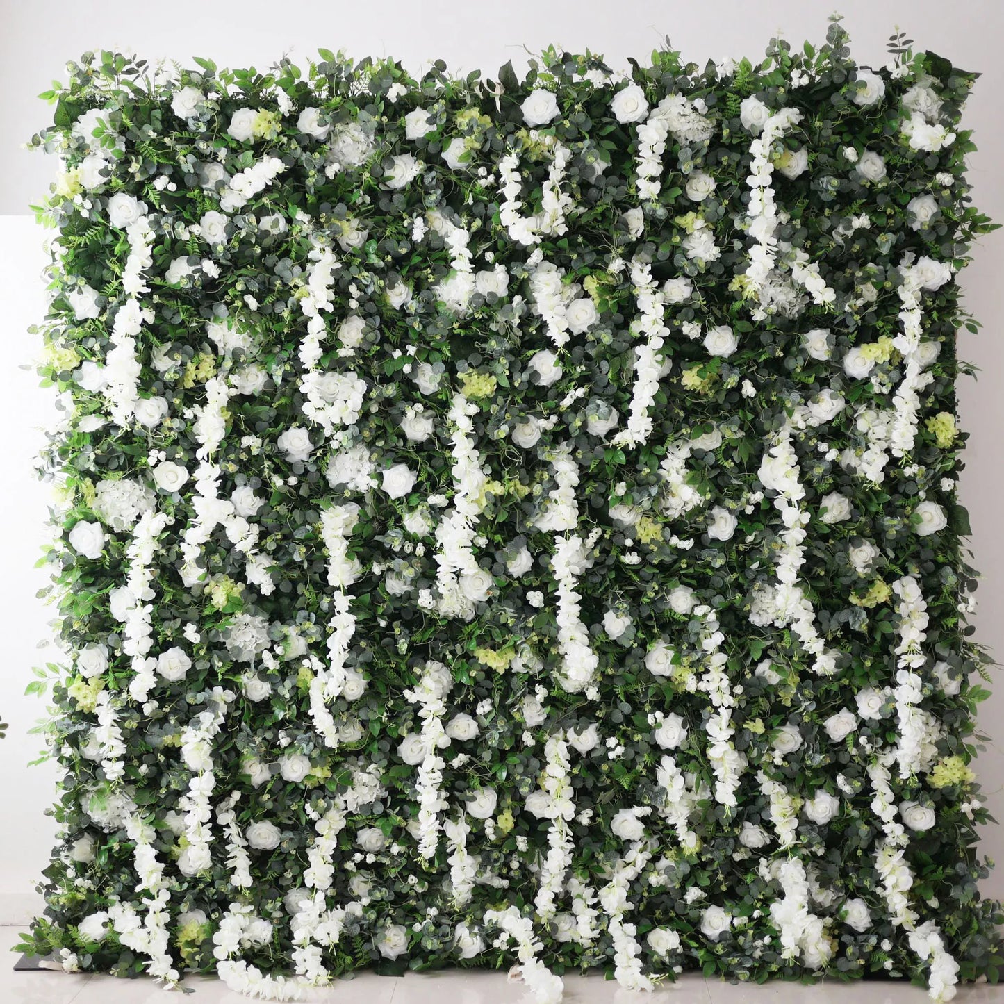 ValarFlowers white rose peony floral wall backdrop with lush greenery for wedding party photo booth event decor