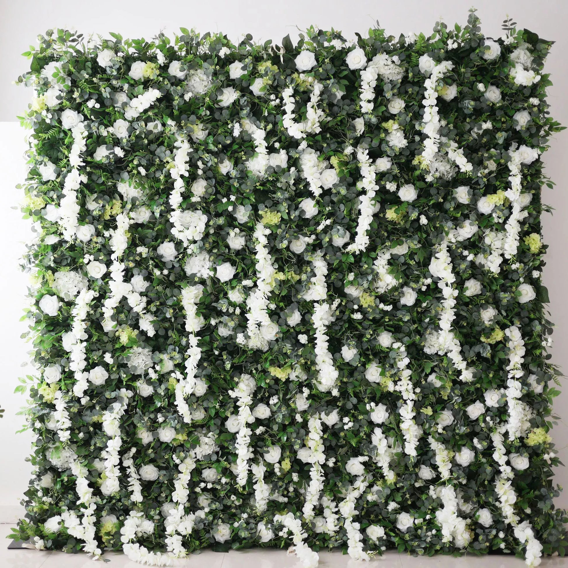 ValarFlowers white rose peony floral wall backdrop with lush greenery for wedding party photo booth event decor