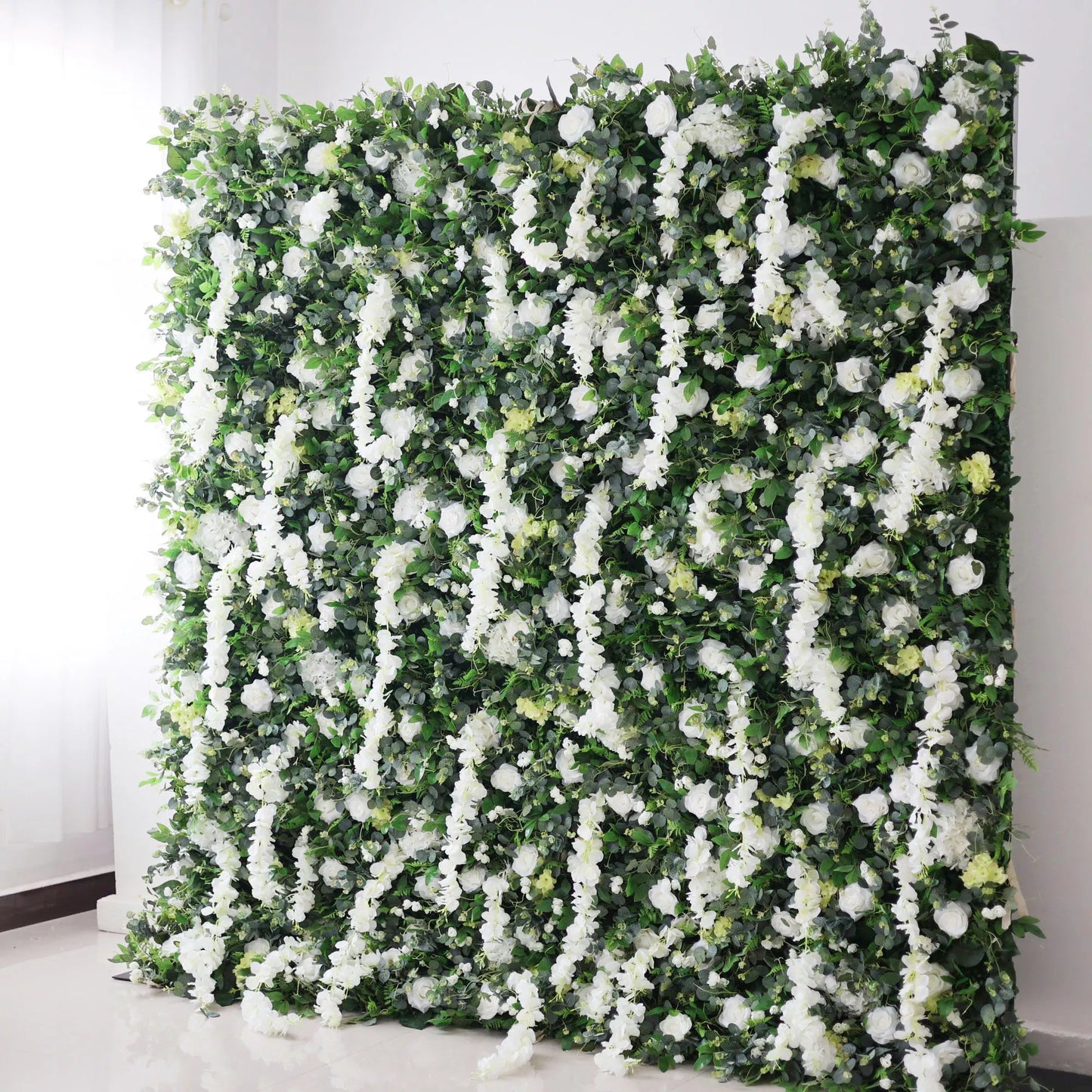 ValarFlowers white artificial flower wall backdrop with faux roses, peonies and greenery for wedding party photo booth