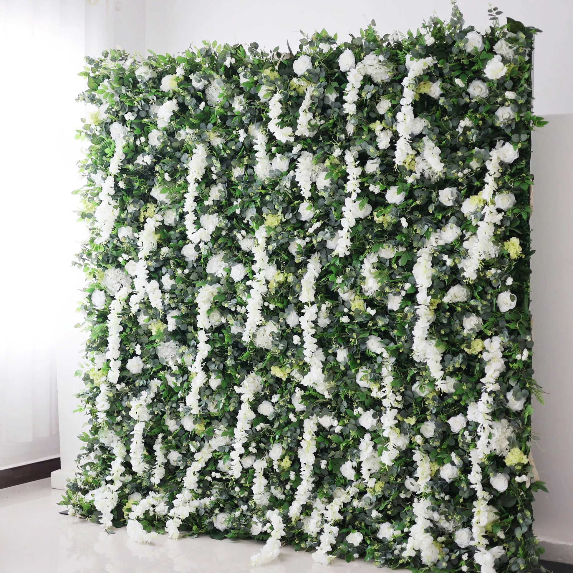 ValarFlowers white artificial flower wall backdrop with faux roses, peonies and greenery for wedding party photo booth