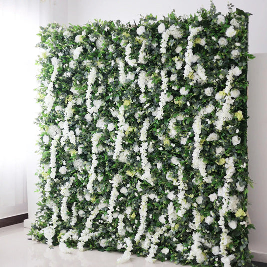 ValarFlowers white artificial flower wall backdrop with faux roses, peonies and greenery for wedding party photo booth