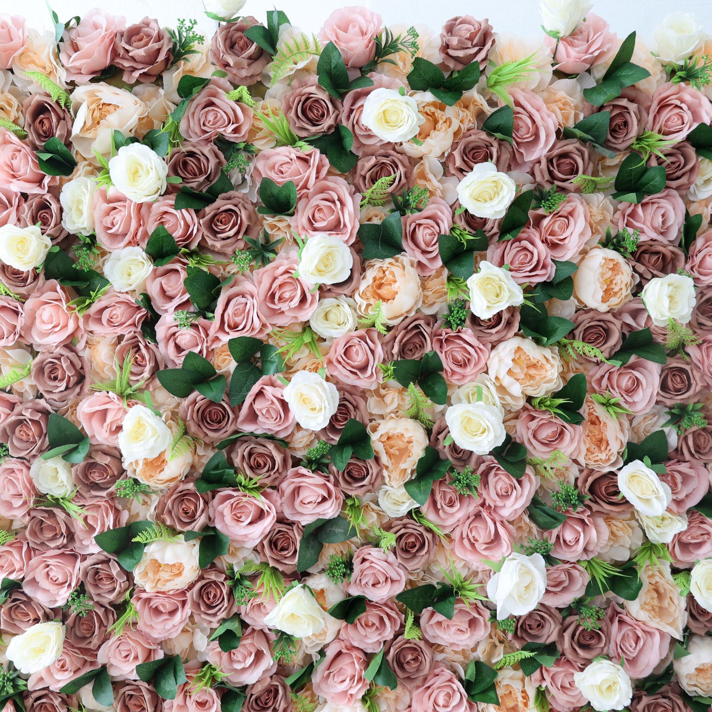 Lush pink rose, peony and hydrangea silk flower wall backdrop by ValarFlowers for wedding, party and photo booth decor
