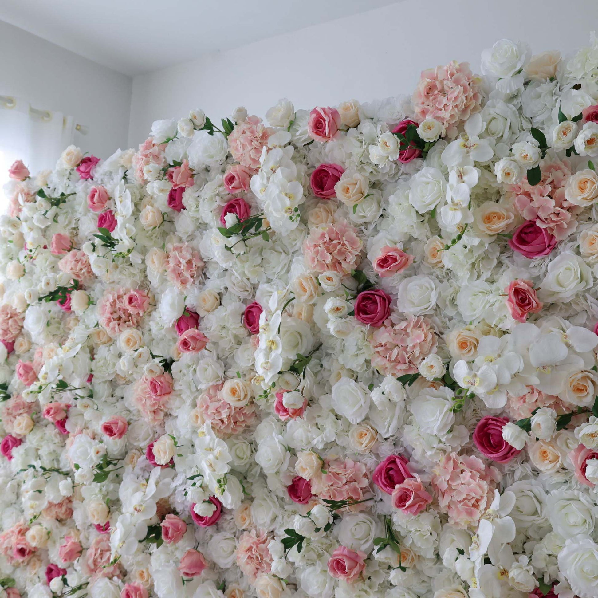 ValarFlowers artificial flower wall backdrop with roses peonies hydrangeas in pink ivory - luxury wedding event decor
