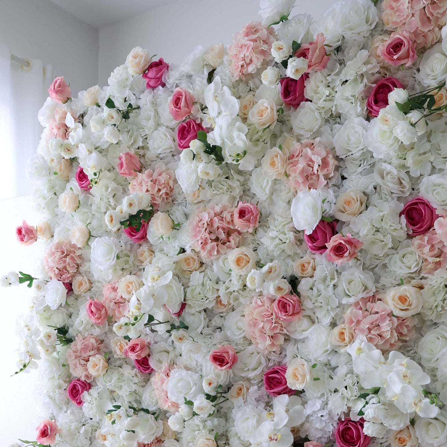 ValarFlowers lush artificial flower wall with pink roses peonies hydrangeas and greenery, perfect wedding backdrop for events and photo booths