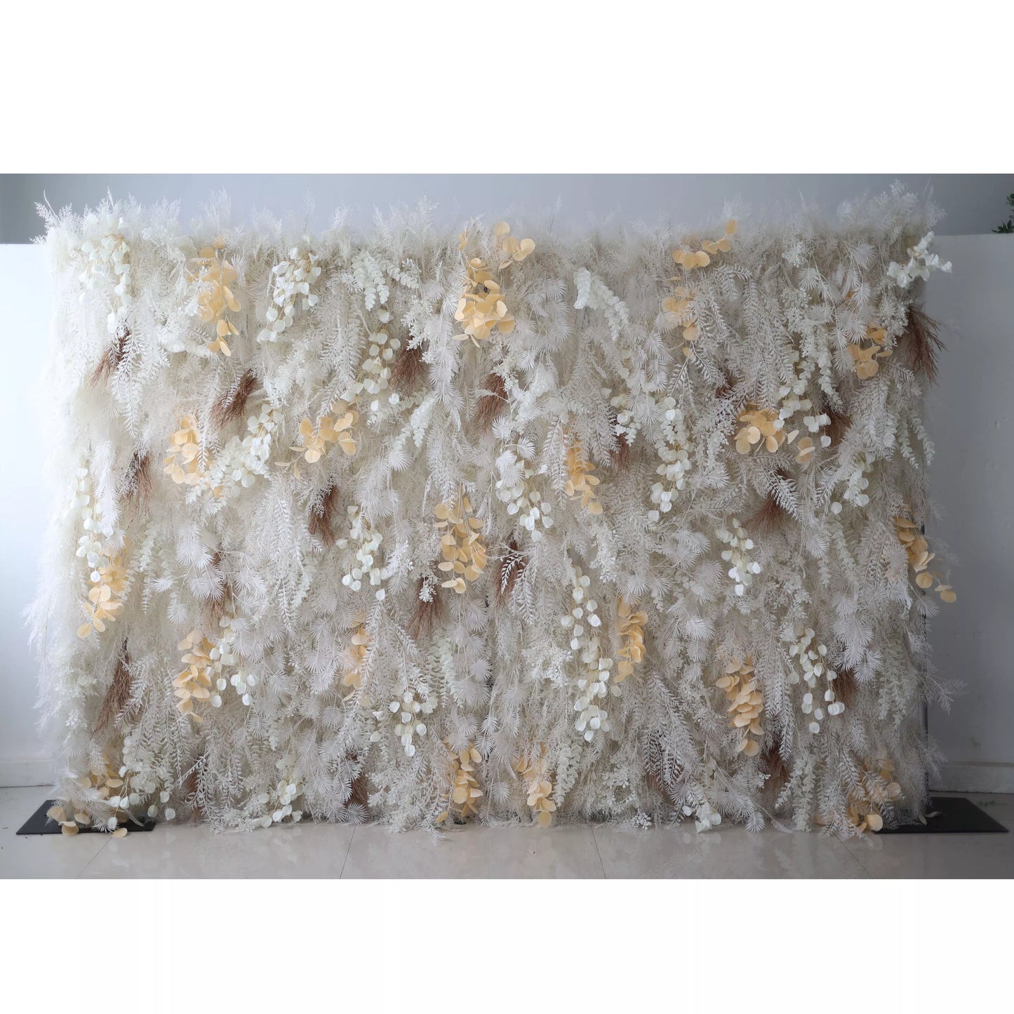 ValarFlowers luxury artificial flower wall backdrop with white roses peonies hydrangea in wintry whites and gold for wedding party photo booth