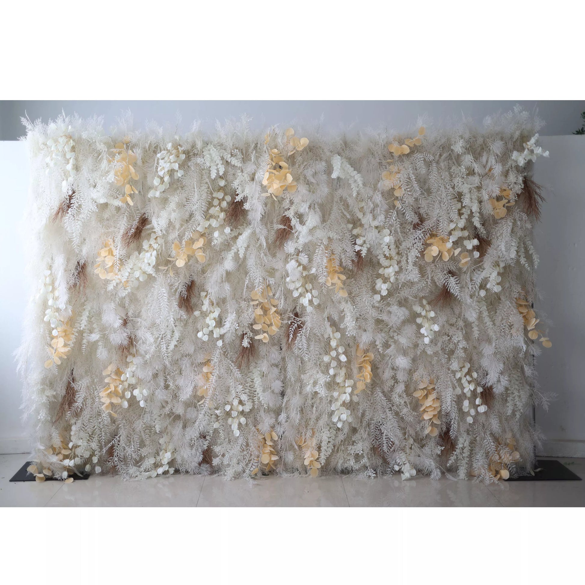 ValarFlowers luxury artificial flower wall backdrop with white roses peonies hydrangea in wintry whites and gold for wedding party photo booth