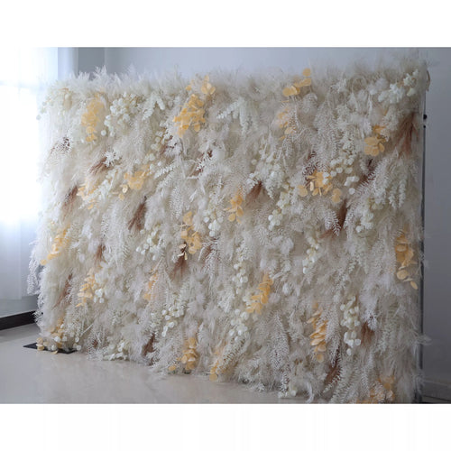 Valar Flowers' Artificial Fabric Flower Wall presents an enchanted snowscape. Icy whites converge with radiant golden petals, crafting a dreamy backdrop perfect for regal events and timeless celebrations.