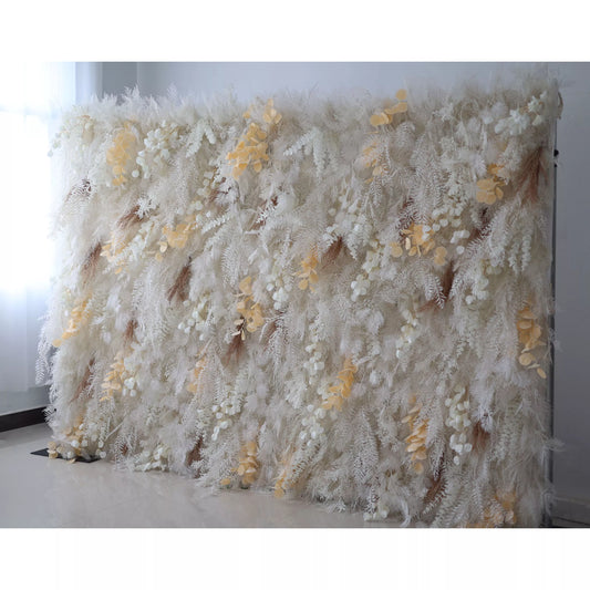 Valar Flowers' Artificial Fabric Flower Wall presents an enchanted snowscape. Icy whites converge with radiant golden petals, crafting a dreamy backdrop perfect for regal events and timeless celebrations.