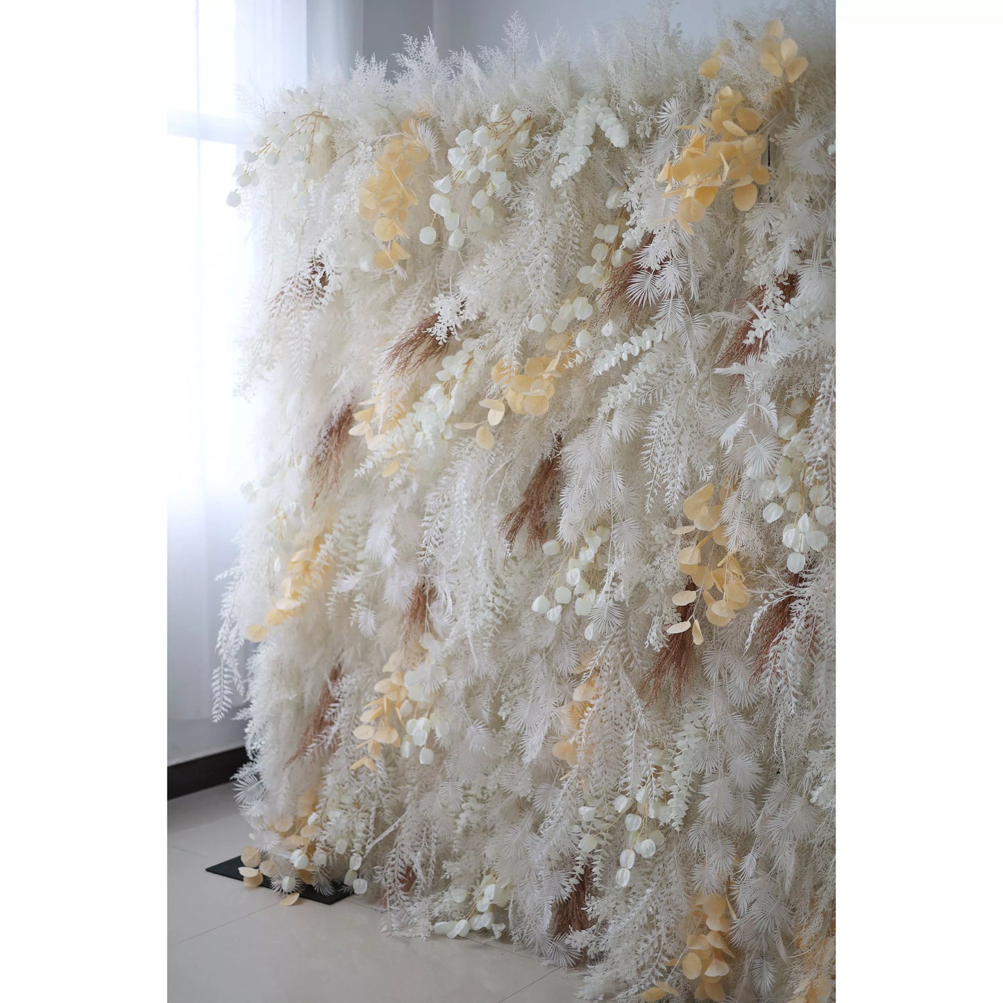 ValarFlowers Enchanted Snowscape white gold artificial flower wall backdrop for weddings, bridal showers, photo booth, luxury event decor