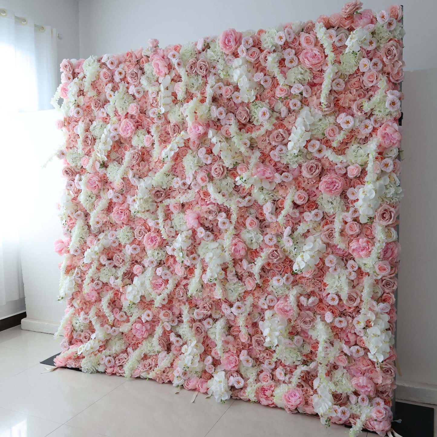 ValarFlowers artificial flower wall backdrop with lush pink roses peonies hydrangeas for wedding event photography decor