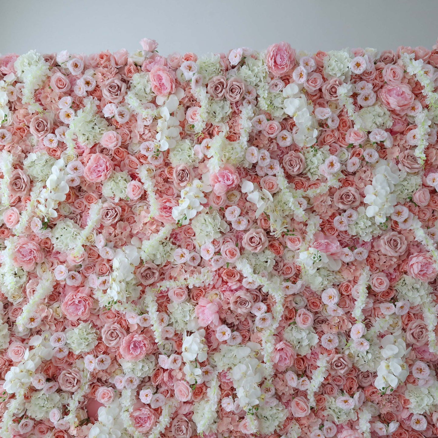 ValarFlowers artificial flower wall backdrop with lush roses peonies hydrangeas in pink cream - elegant wedding event photography decor