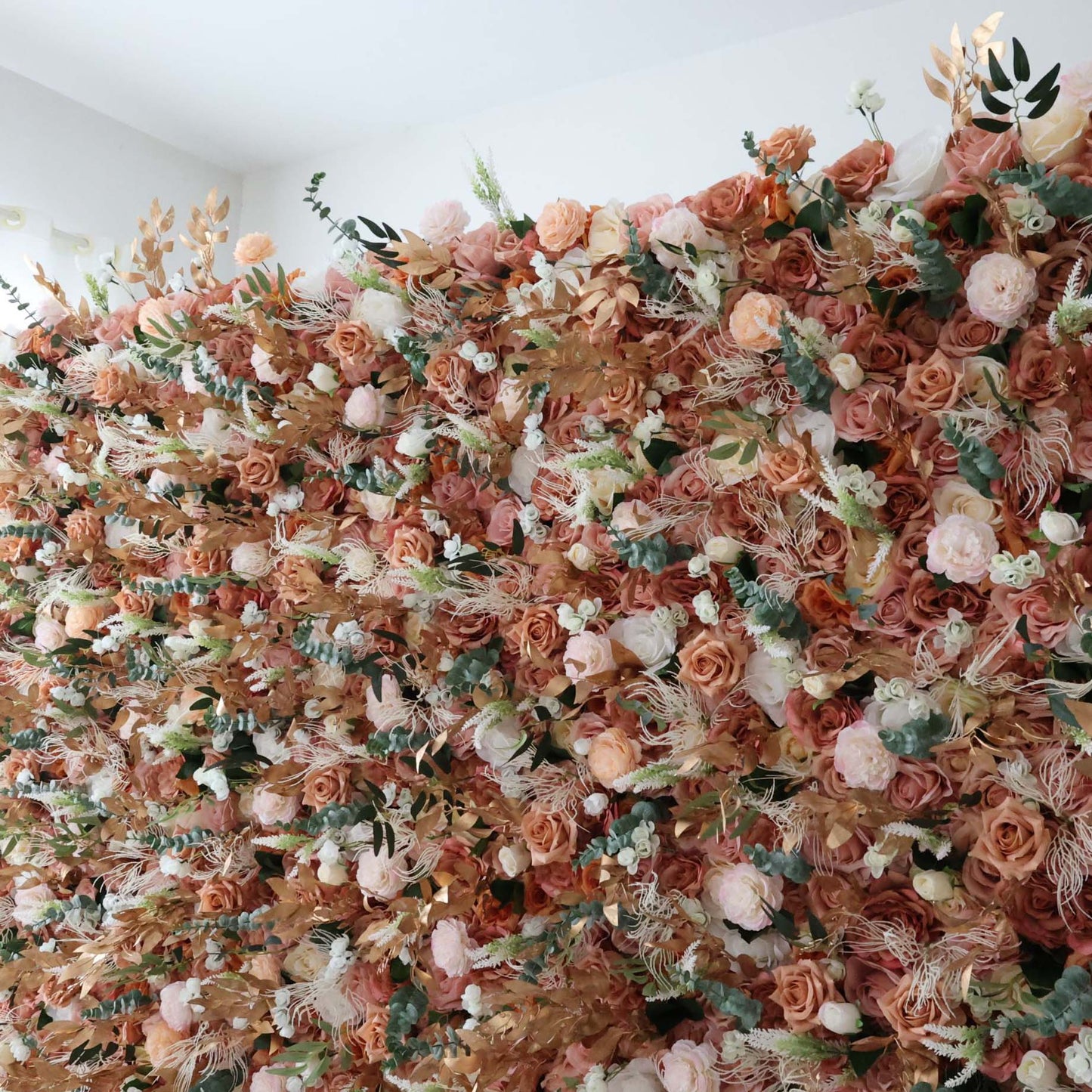 ValarFlowers artificial flower wall backdrop with lush pink roses peonies hydrangeas and greenery, luxury wedding event decor