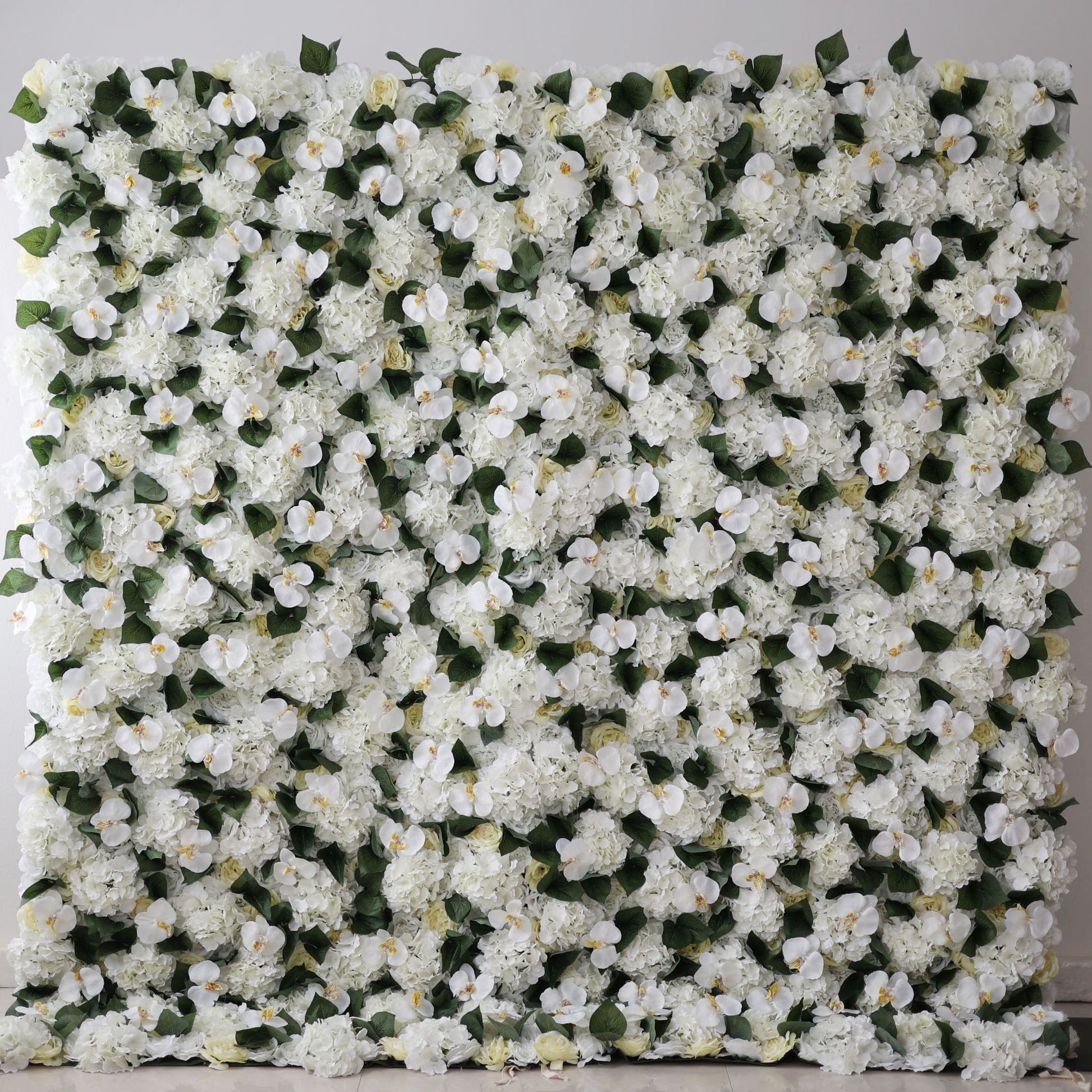 ValarFlowers white phalaenopsis orchid and rose floral wall backdrop for wedding photography, luxury party event decor