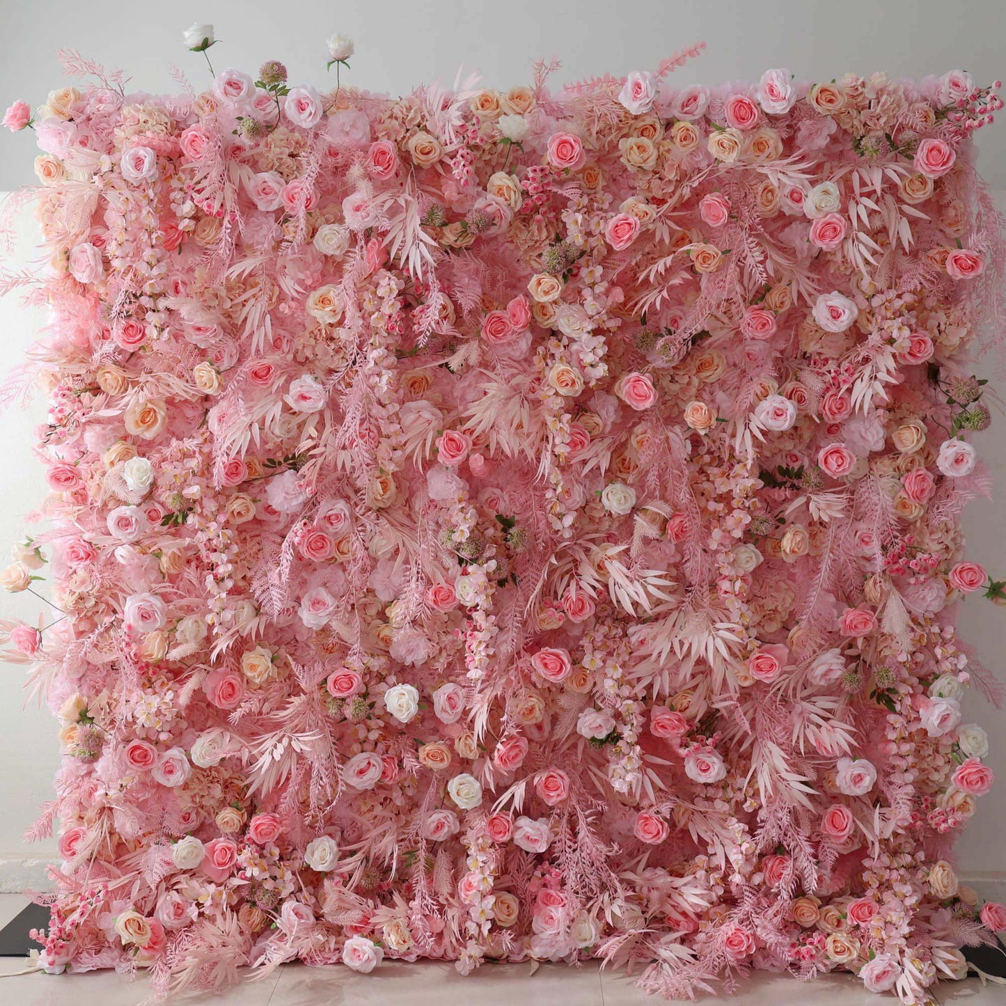 ValarFlowers faux flower wall with pink roses, peonies, hydrangeas and greenery, luxury wedding backdrop or party decor