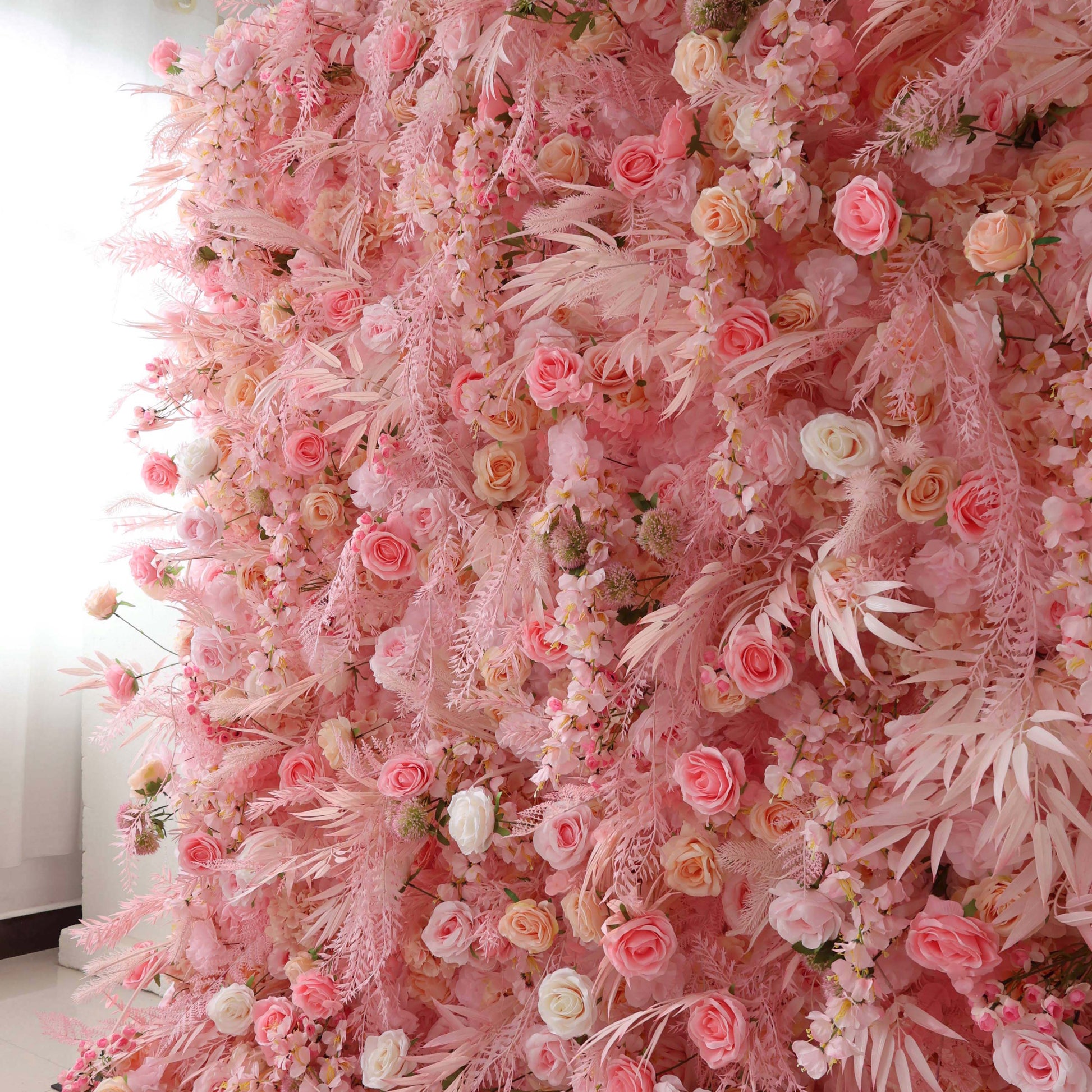 ValarFlowers artificial flower wall backdrop with lush pink roses, peonies and hydrangeas for wedding, party and photo booth decor