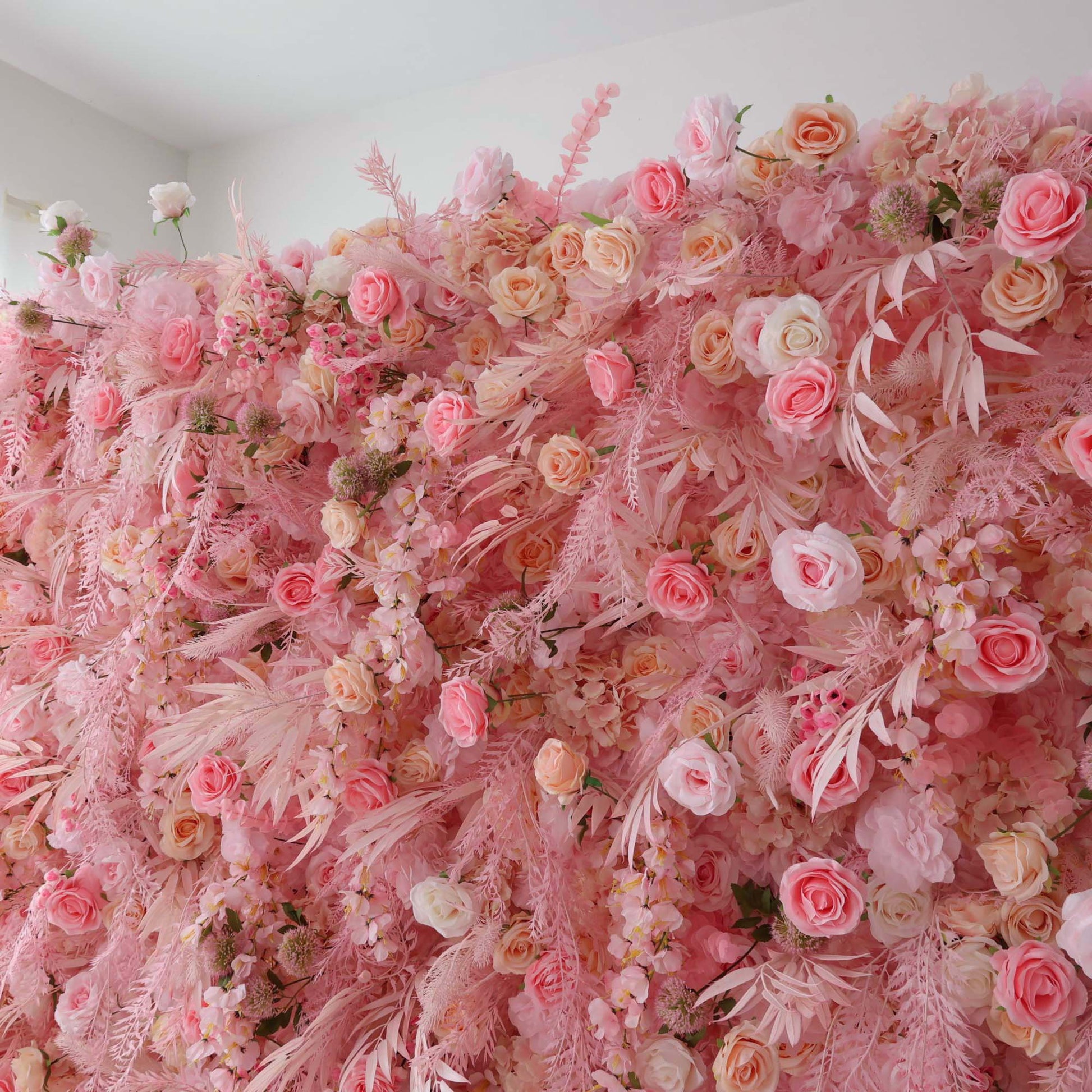 ValarFlowers artificial flower wall with lush pink roses, peonies and hydrangeas for wedding backdrop, party and photo booth decor