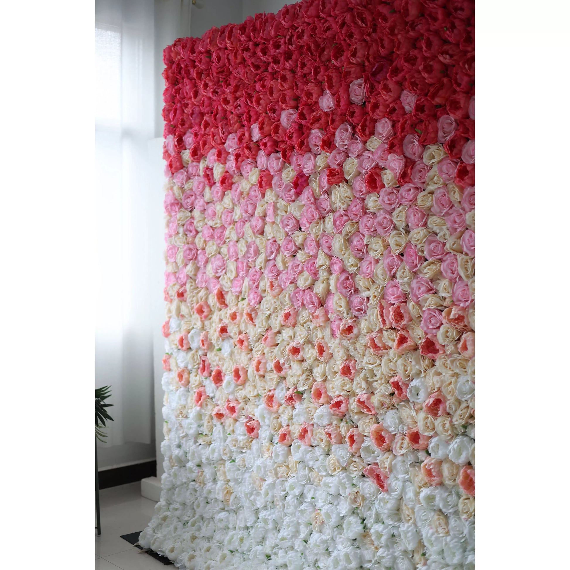 ValarFlowers artificial flower wall backdrop with gradient red to white roses peonies hydrangeas silk floral panel for wedding party event decor
