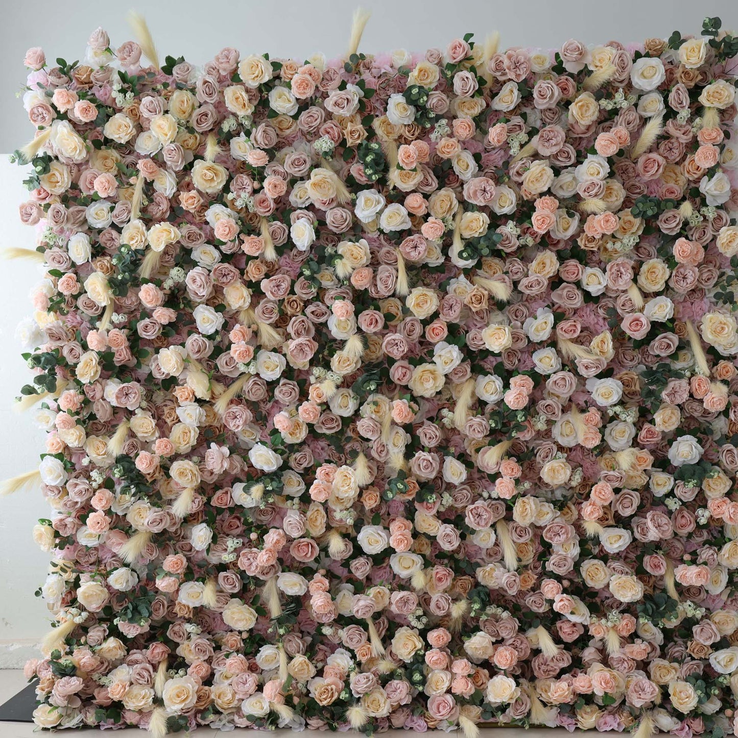ValarFlowers artificial flower wall backdrop with lush roses, peonies and hydrangeas in pink and ivory, luxury wedding or event photo booth decor