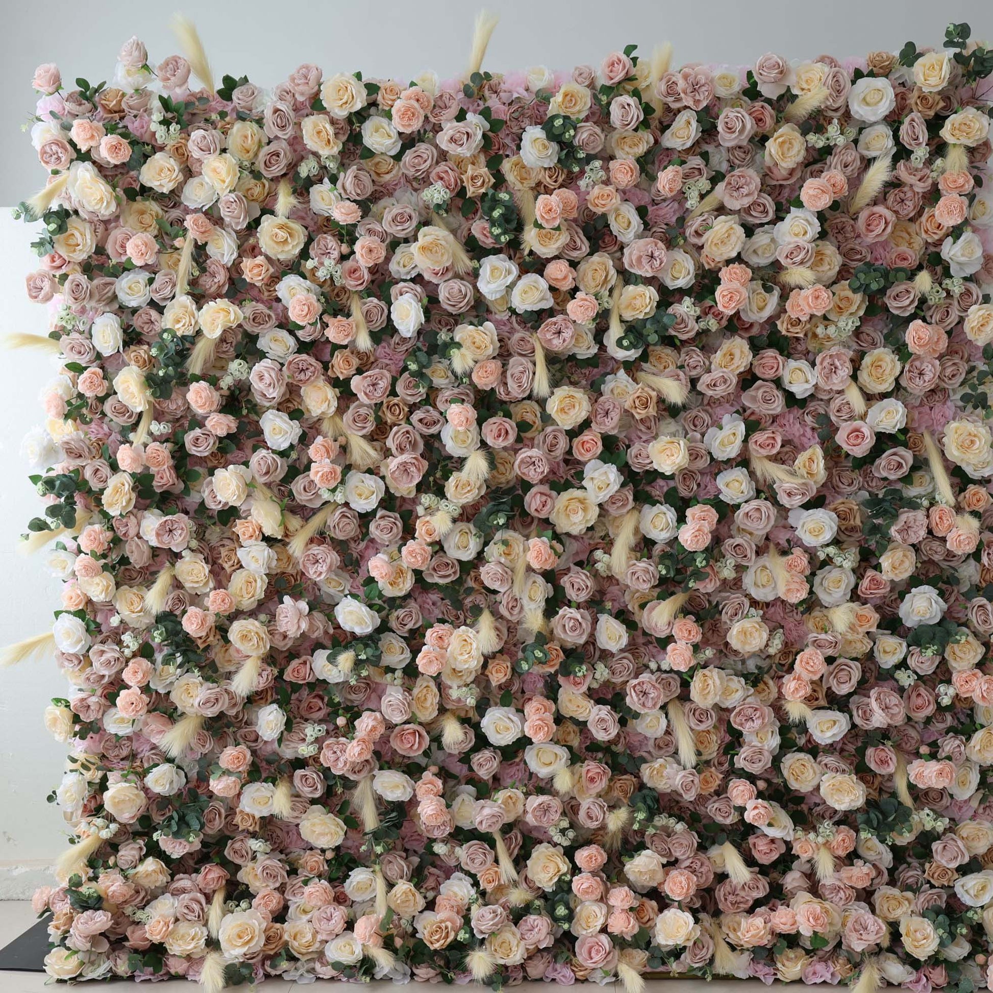 ValarFlowers artificial flower wall backdrop with lush roses, peonies and hydrangeas in pink and ivory, luxury wedding or event photo booth decor