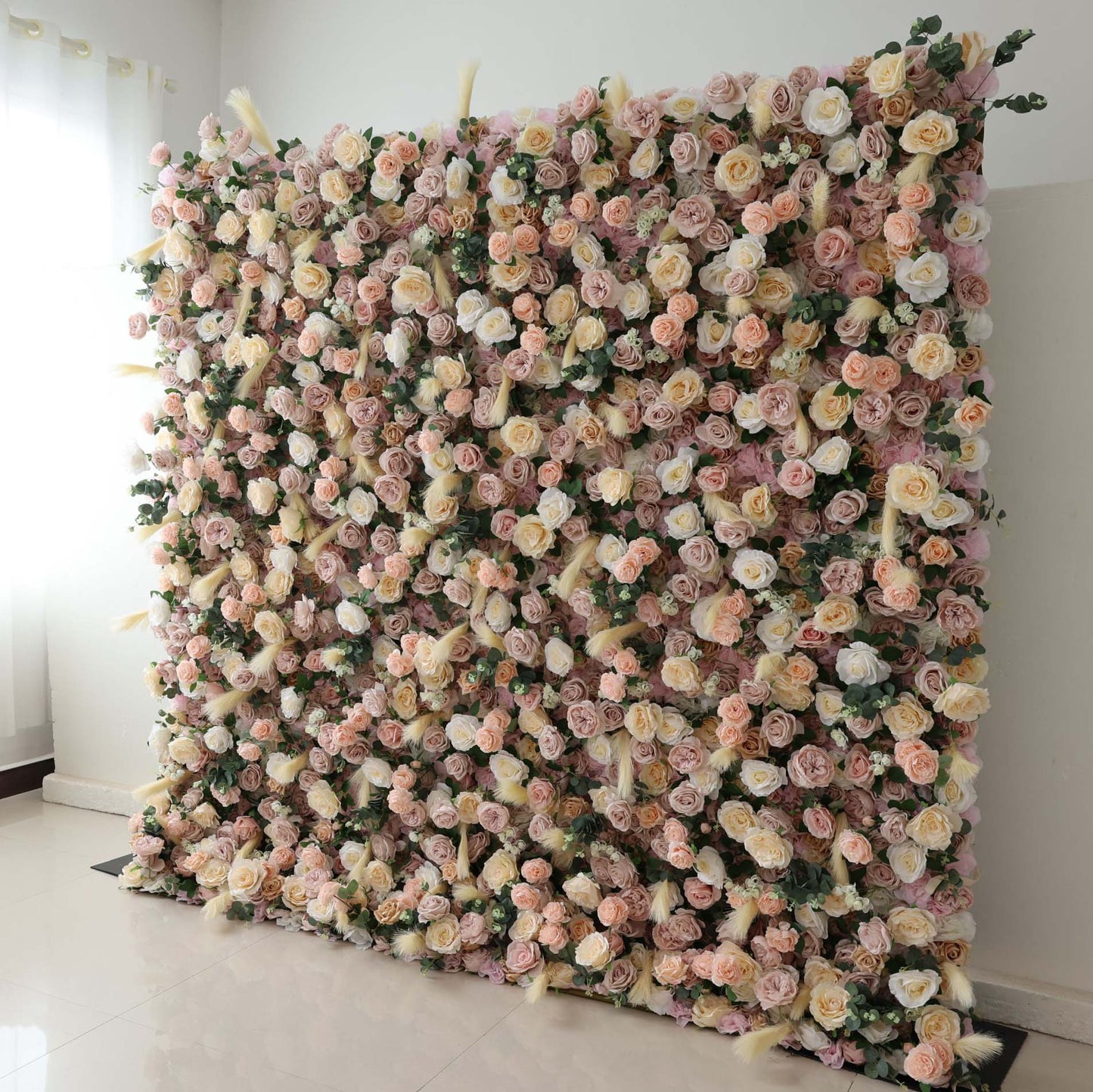 ValarFlowers faux flower wall backdrop with lush roses peonies hydrangeas in blush pink white - luxury wedding party photo booth decor