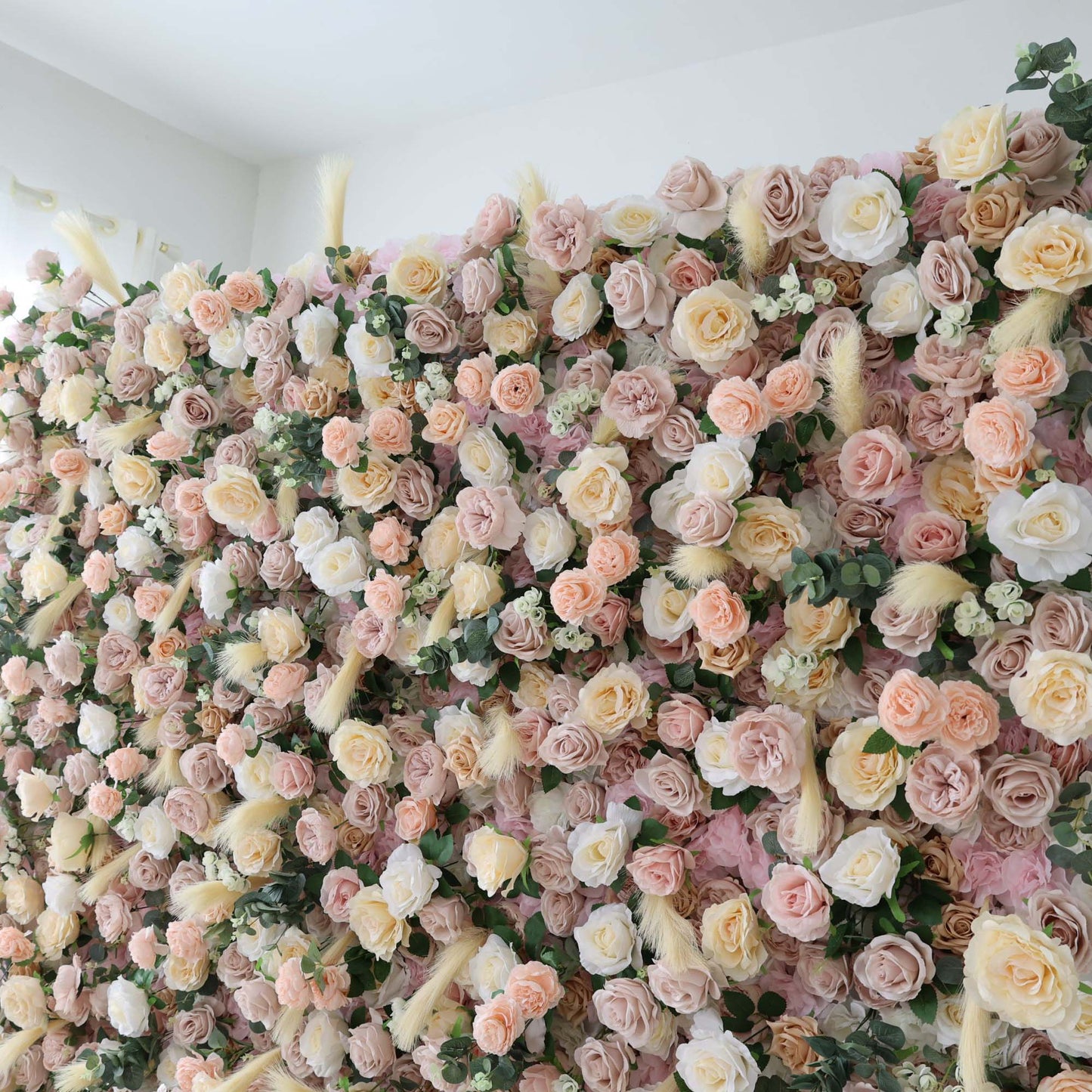 ValarFlowers artificial flower wall backdrop with lush roses peonies hydrangeas in soft pink ivory for wedding ceremony photo booth decor
