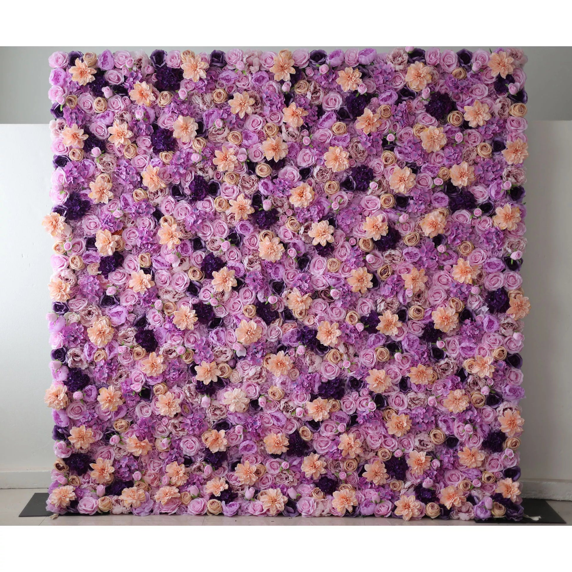 ValarFlowers lush artificial flower wall backdrop with lavender violet peach roses peonies hydrangeas and greenery for wedding ceremony photo booth