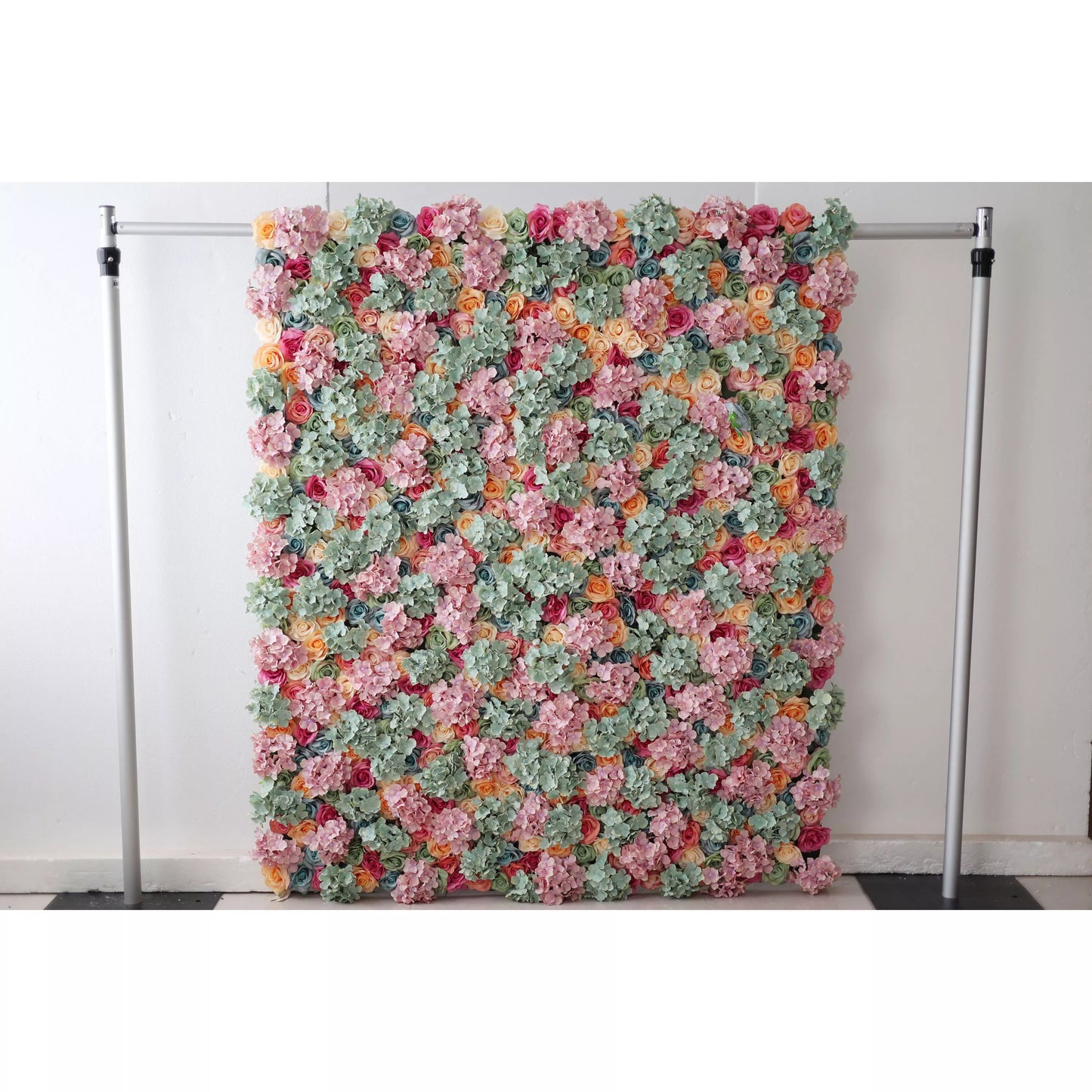 Valar Flowers Roll Up Artificial Flower Wall Backdrop: This large artificial flower wall is a vibrant tapestry of colors. It features soft pink hydrangeas, mint - green foliage, and a mix of peach, coral, and red roses. The dense, varied arrangement creates a lush, textured display, evoking a sense of natural beauty and charm. Perfect as a backdrop for events like weddings or parties, it adds an elegant, colorful touch to any space, enhancing the decorative appeal with its intricate floral design. 