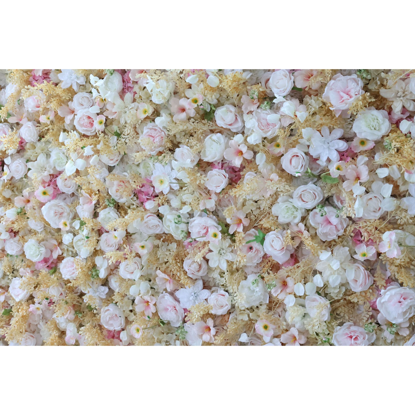 ValarFlowers artificial flower wall backdrop with lush peonies roses hydrangeas in soft blush pink for wedding photo booth decor