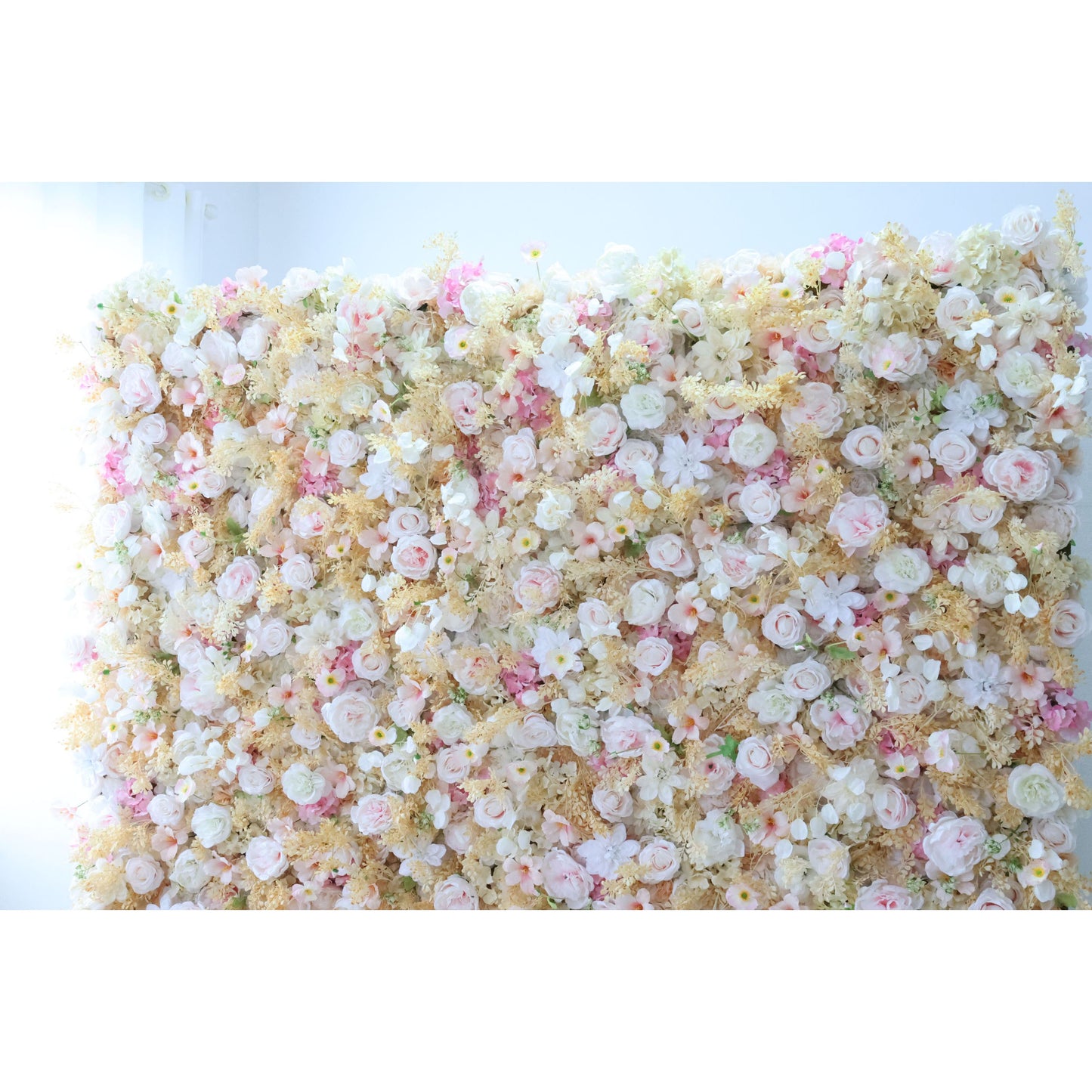 ValarFlowers artificial flower wall backdrop with lush roses, peonies, hydrangeas in pink and cream - perfect wedding event decor