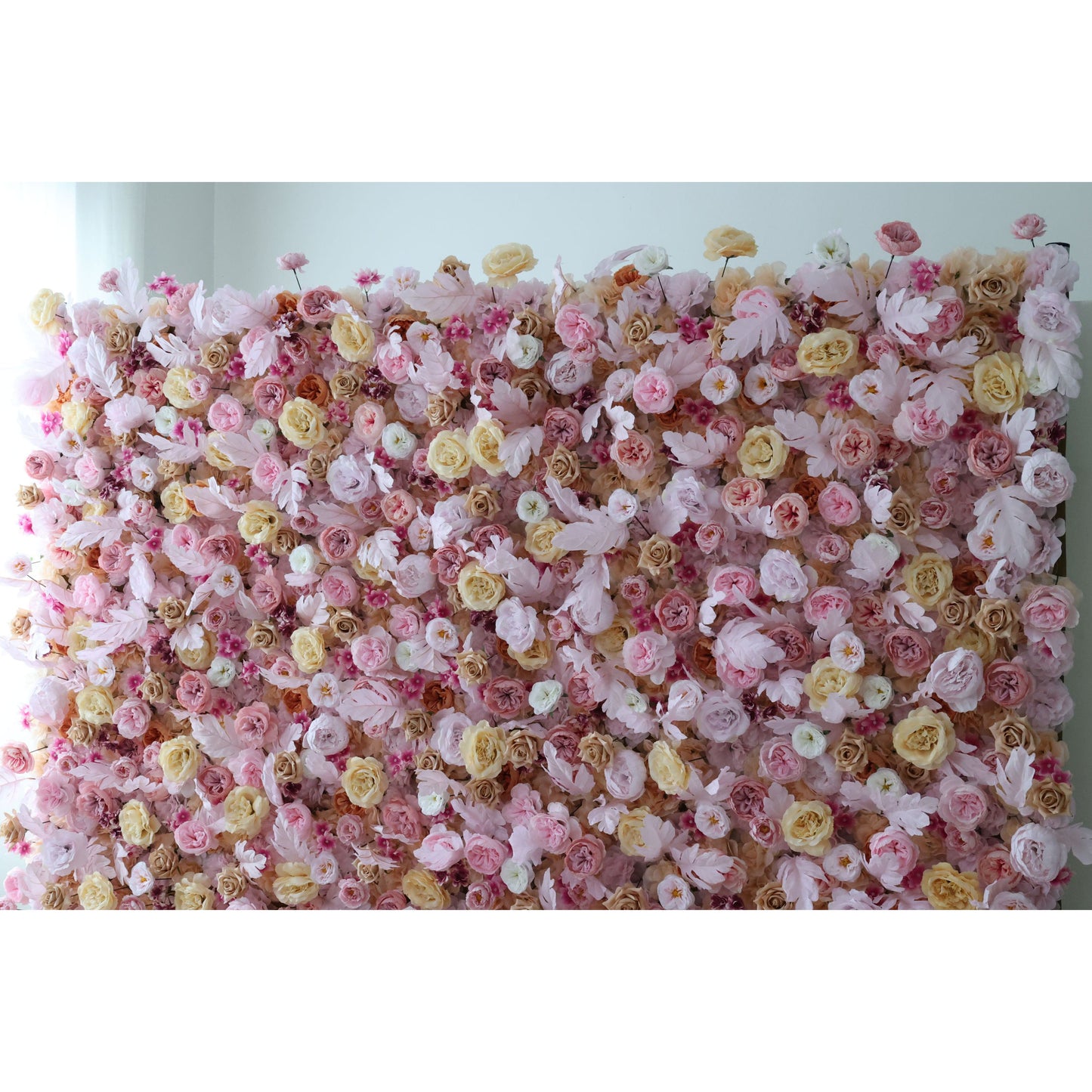 ValarFlowers luxury artificial flower wall backdrop with cascading roses, peonies, hydrangeas in romantic blush, ivory and coral - perfect wedding and event decor
