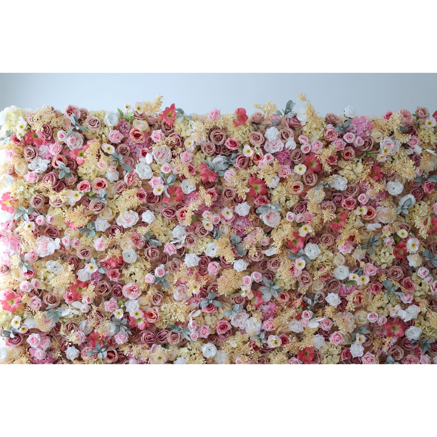 ValarFlowers luxury artificial flower wall backdrop with lush roses peonies hydrangeas and greenery, elegant wedding event decor