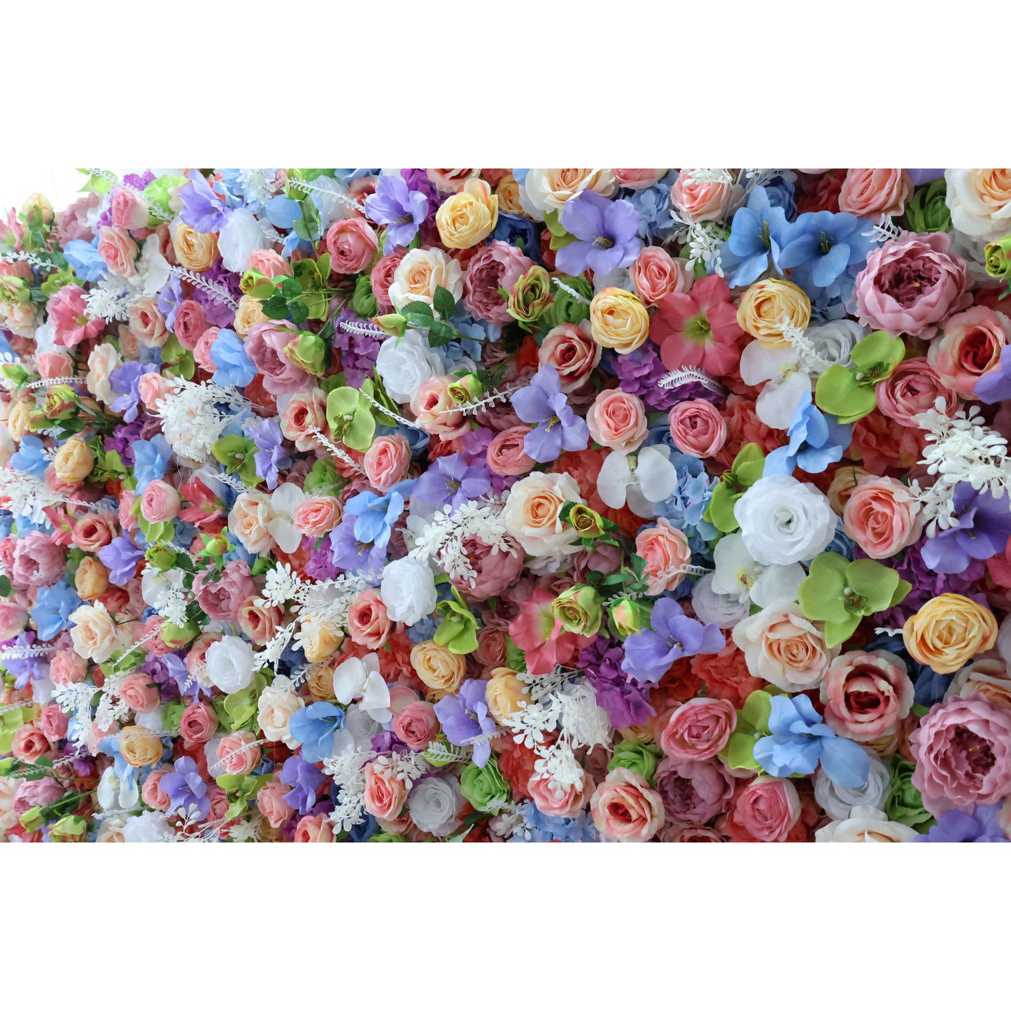 ValarFlowers faux flower wall backdrop with pink roses peonies hydrangeas, wedding event photography decor