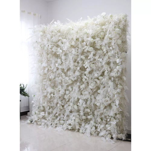 ValarFlowers white artificial flower wall with roses, peonies, hydrangeas, orchids, ferns for wedding backdrop, event decor, luxury venue decoration