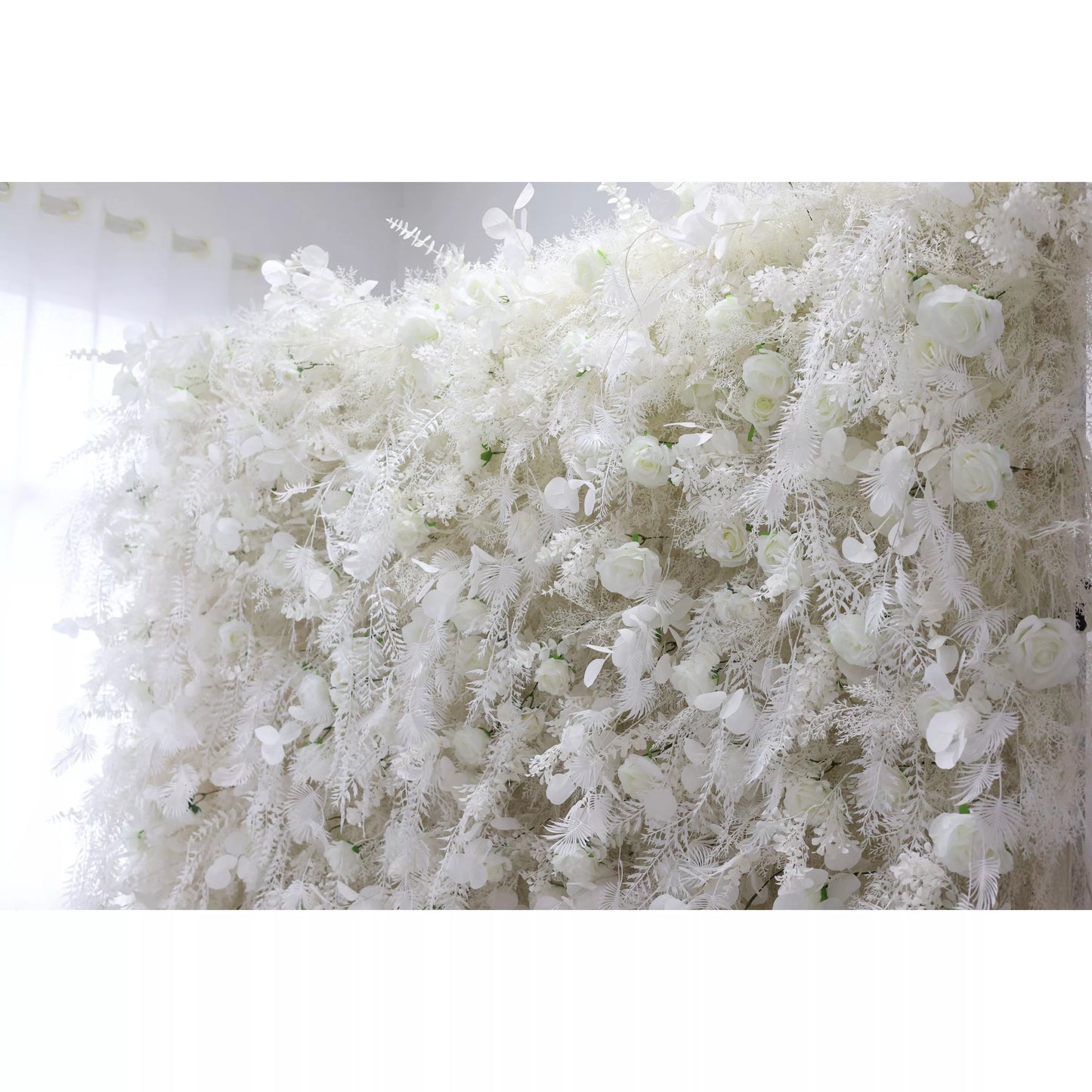 ValarFlowers white peony hydrangea rose floral wall panel with lush fern greenery - luxury wedding ceremony backdrop, bridal shower photo booth decor