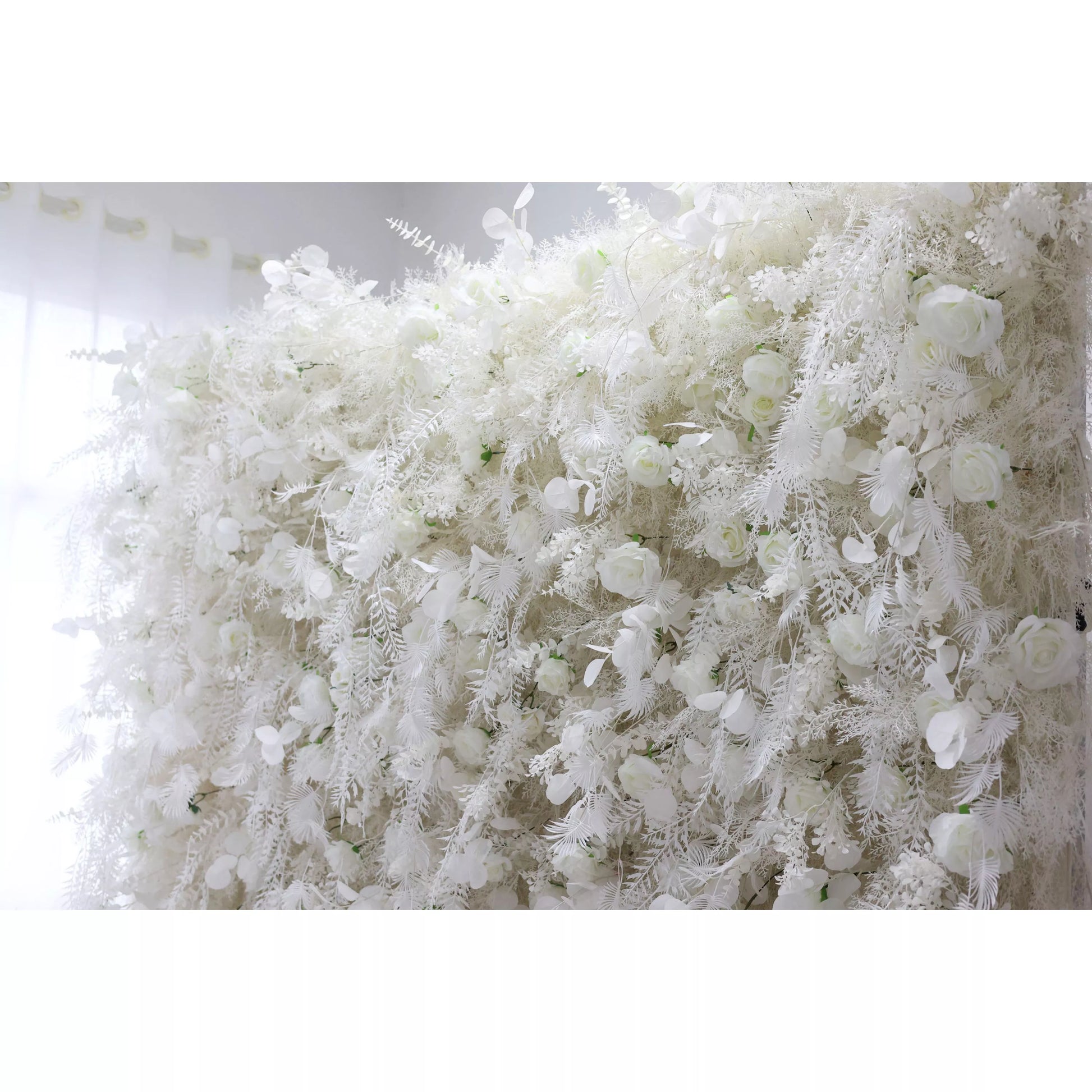 ValarFlowers white peony hydrangea rose floral wall panel with lush fern greenery - luxury wedding ceremony backdrop, bridal shower photo booth decor