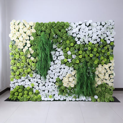 This image features a large, square floral wall indoors. It combines various white flowers with abundant green foliage and trailing vines, creating a vibrant, natural, and refreshing display. Set against a plain white wall with a shiny tiled floor, the scene exudes a sense of vitality, harmony, and elegance, perfect for decorative purposes in events or as a striking interior backdrop, blending artificial artistry with a touch of nature&