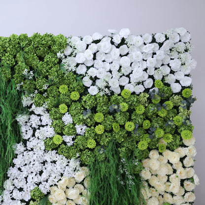 This image showcases a lush artificial floral wall. It features a dense arrangement of various flowers, including abundant white roses, creamy - hued blooms, and assorted white and green foliage. Trailing green vines add a natural touch. The harmonious blend of white, cream, and green creates a vibrant, elegant, and refreshing display, perfect for decorative purposes in events or as an interior backdrop, exuding a sense of natural beauty and artistry.