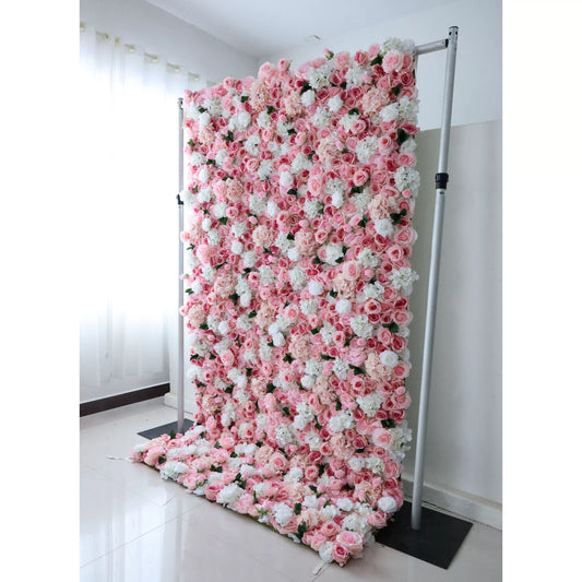 ValarFlowers faux flower wall backdrop with lush roses peonies hydrangeas in pink ivory, silk floral panel for wedding photo booth decor