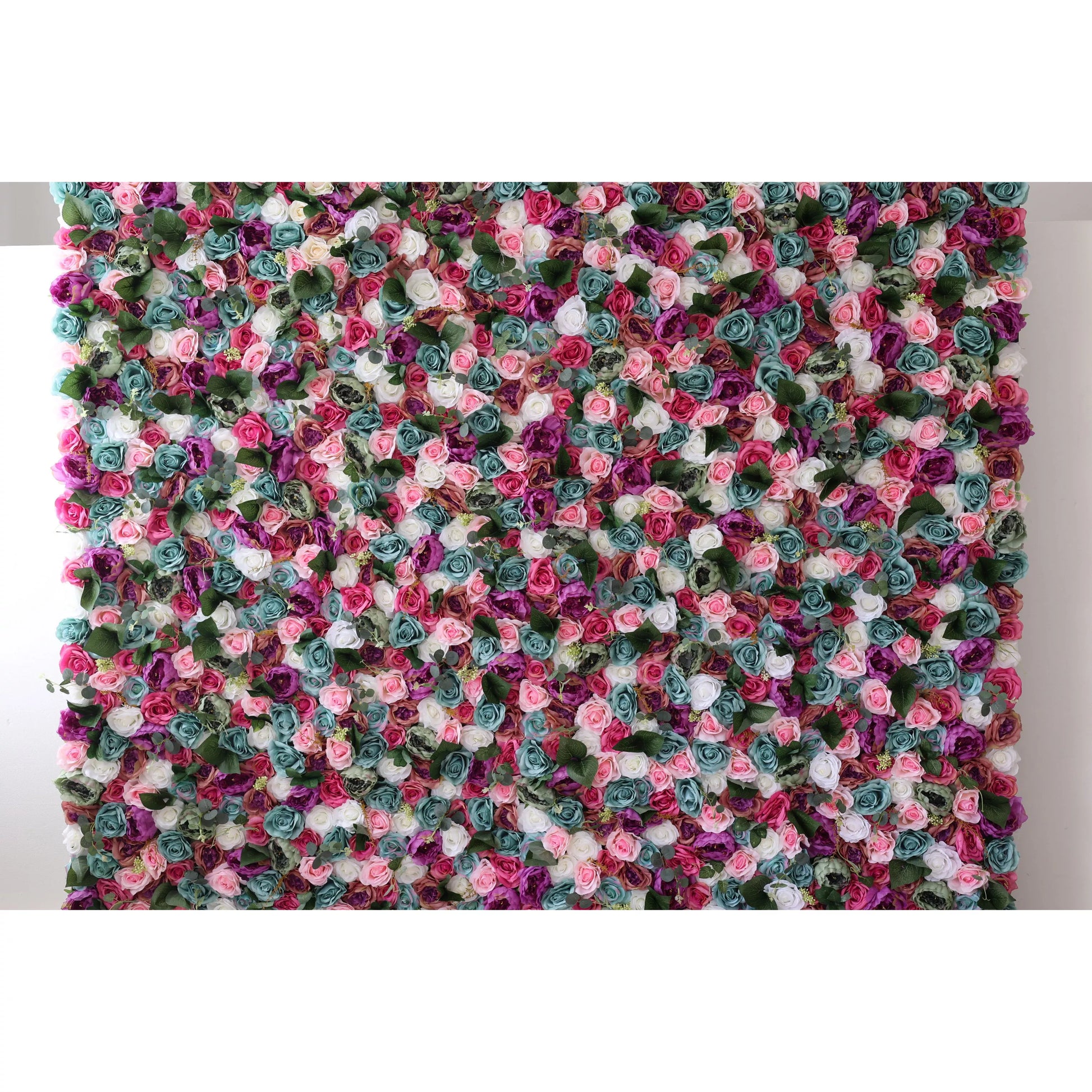 This large artificial flower wall is a vibrant tapestry of colors. It features an array of roses in shades like pink, purple, teal, and white, interspersed with green foliage. The dense, intricate arrangement creates a lush, eye - catching display, perfect for adding a romantic, decorative touch to events or spaces. 