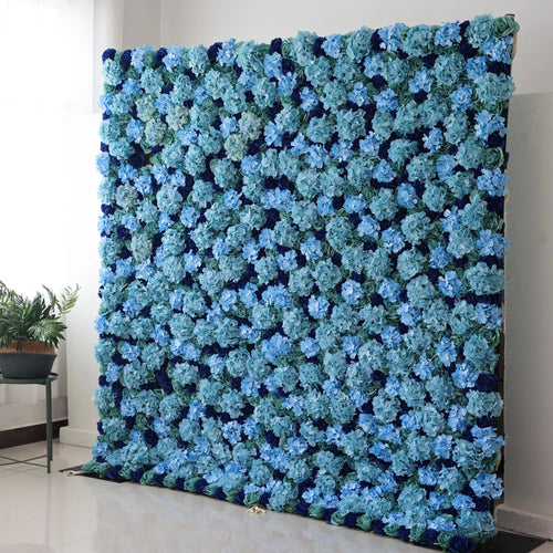Valar Flowers' Azure Blossom: A large artificial flower wall showcases dense, layered blue hydrangeas in varying shades, from light sky to deep navy, with hints of green foliage. The rich, harmonious color palette creates a serene, elegant backdrop, perfect for adding a touch of refined beauty to events or decor.