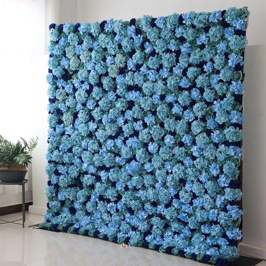 Valar Flowers' Azure Blossom: A large artificial flower wall showcases dense, layered blue hydrangeas in varying shades, from light sky to deep navy, with hints of green foliage. The rich, harmonious color palette creates a serene, elegant backdrop, perfect for adding a touch of refined beauty to events or decor.