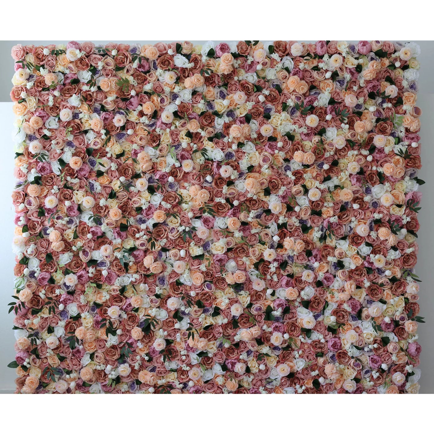 ValarFlowers artificial flower wall with lush purple orchid, desert sand rose, sienna flowers - luxury wedding party photo backdrop