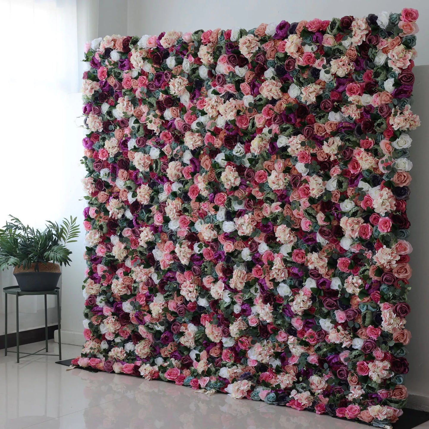 ValarFlowers artificial flower wall backdrop with eggplant purple, white, pink roses, peonies and greenery for wedding photography