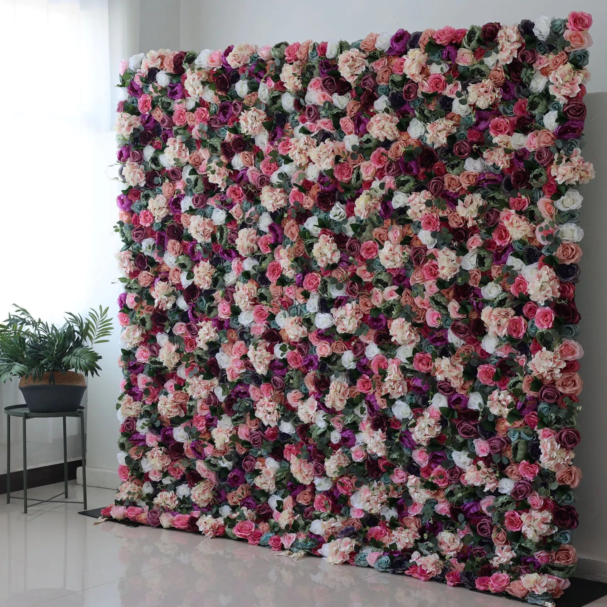 ValarFlowers artificial flower wall backdrop with eggplant purple, white, pink roses, peonies and greenery for wedding photography