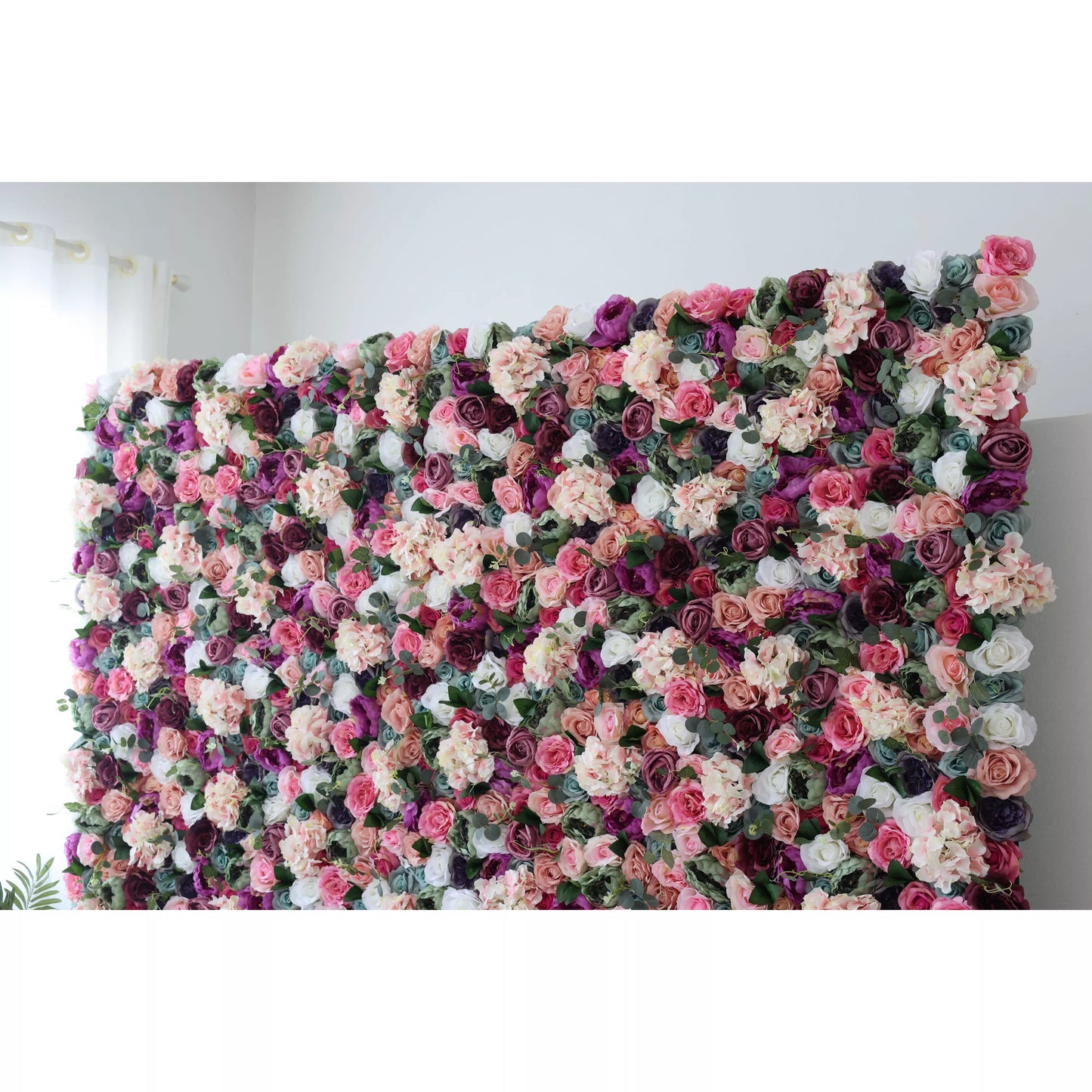 ValarFlowers artificial flower wall with eggplant purple white racing green cranberry pink roses peonies hydrangeas for wedding backdrop party photo booth event decor