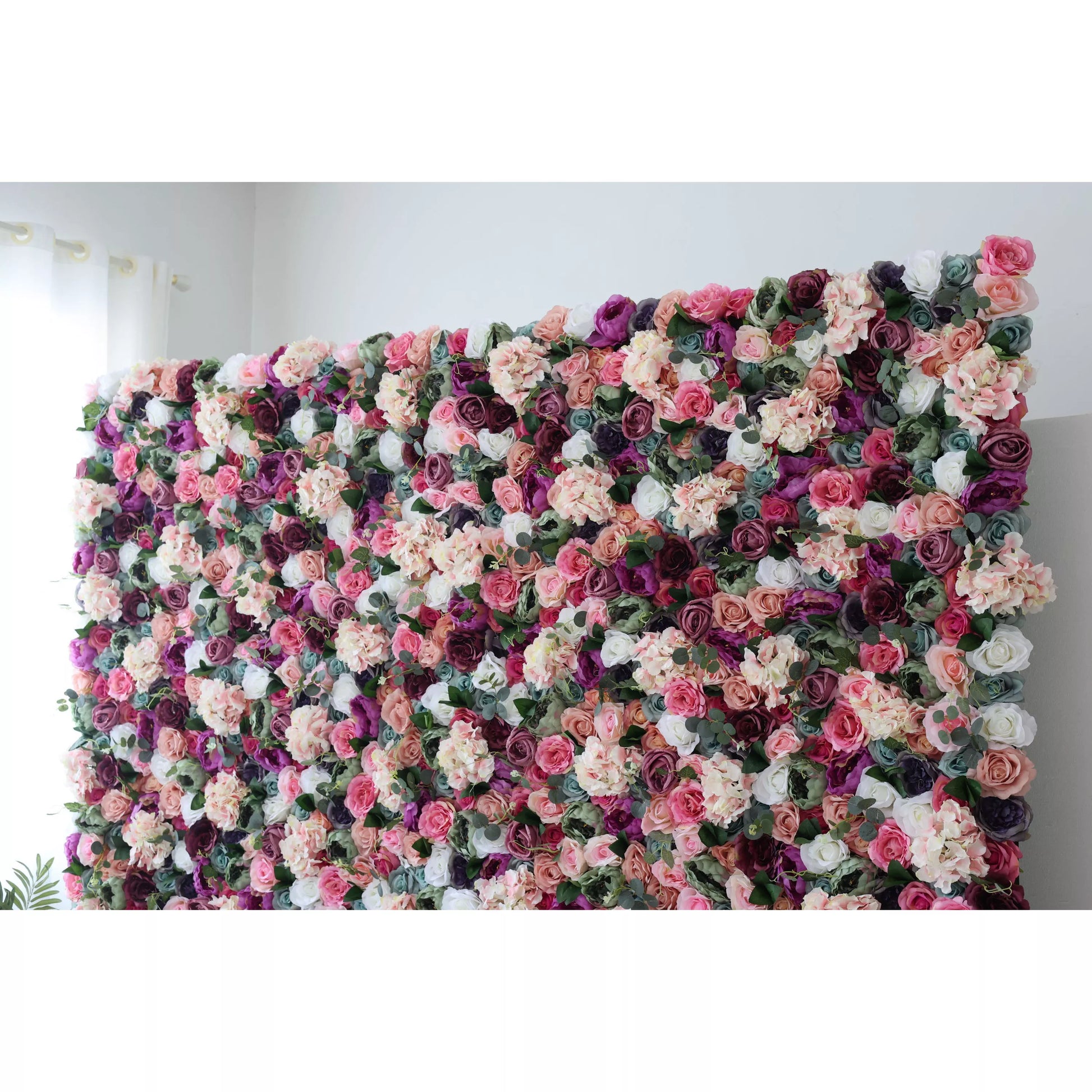 ValarFlowers artificial flower wall with eggplant purple white racing green cranberry pink roses peonies hydrangeas for wedding backdrop party photo booth event decor