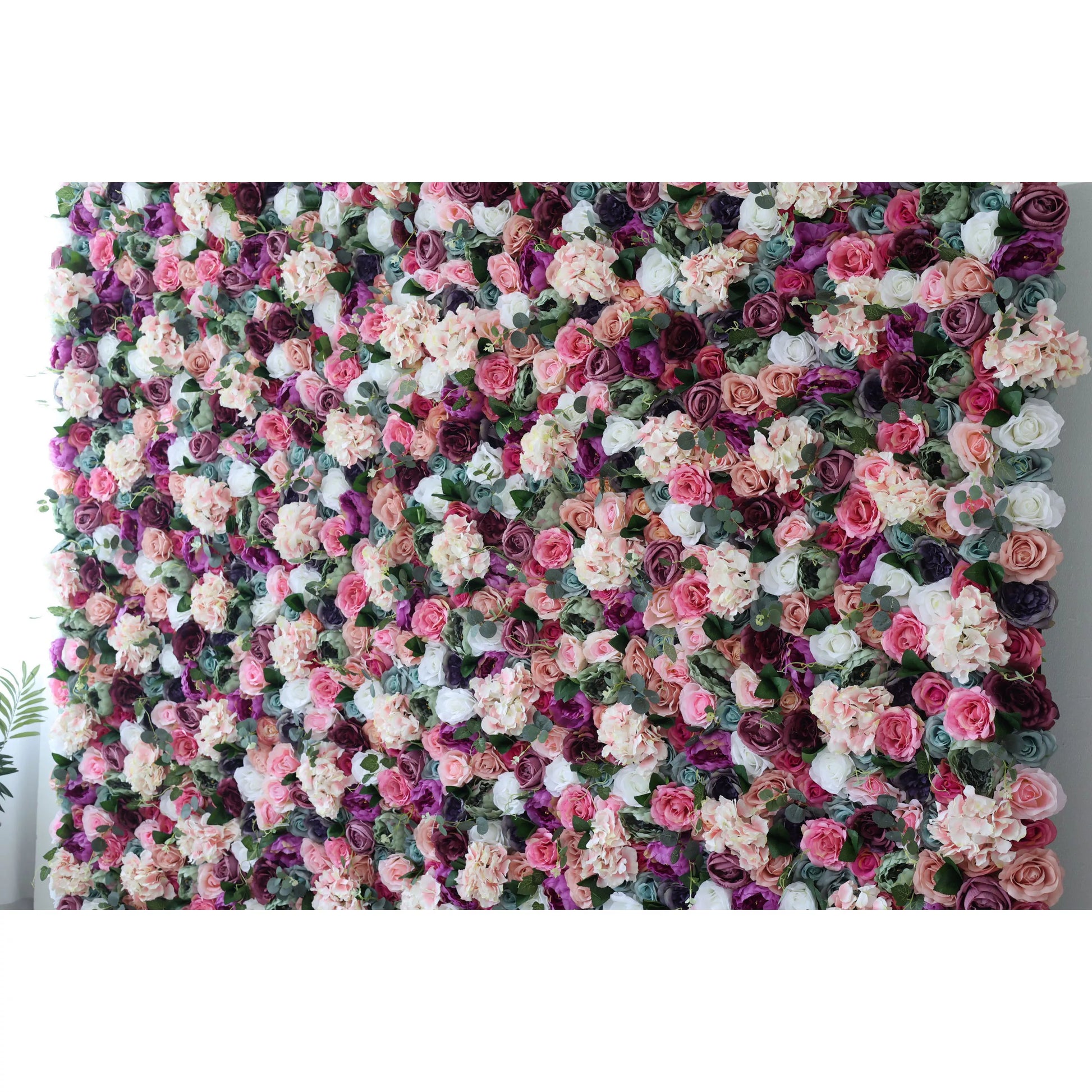 ValarFlowers artificial flower wall backdrop in eggplant purple, white, cranberry pink and green for wedding party photo booth