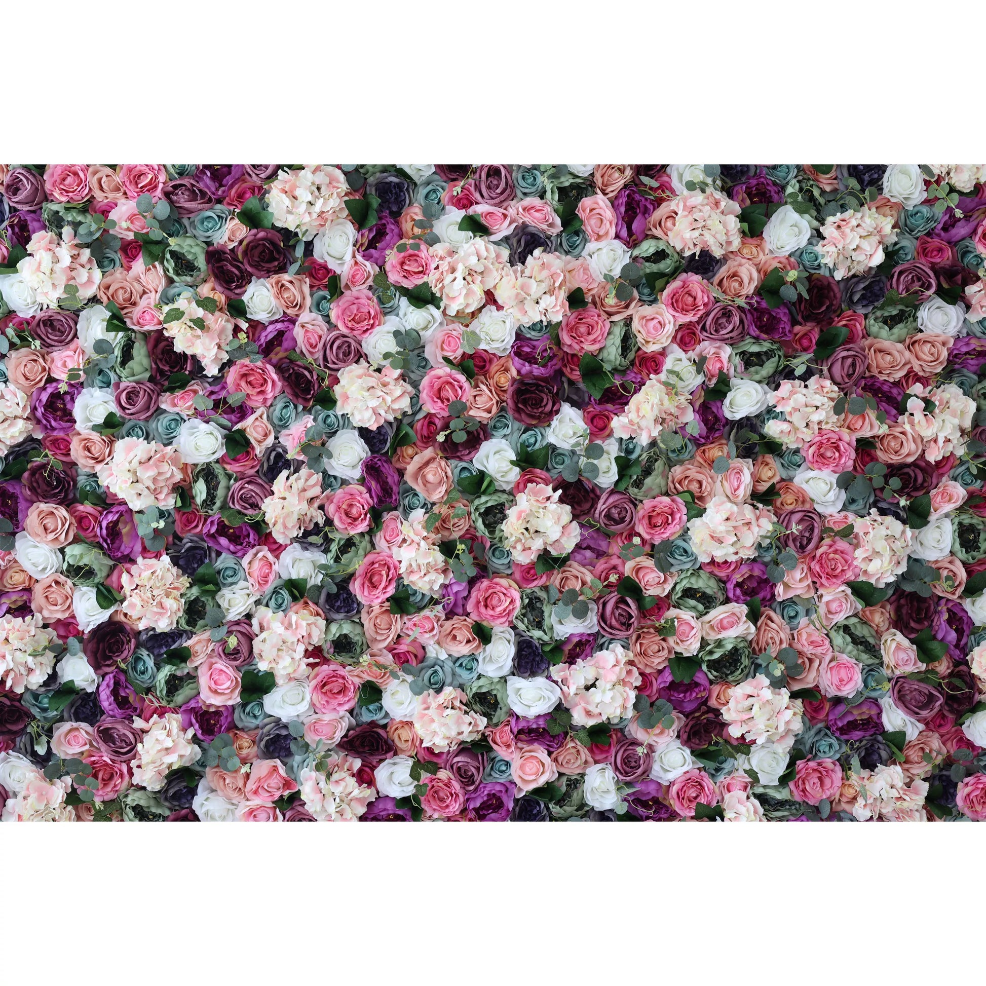 ValarFlowers artificial flower wall with eggplant purple, white, cranberry pink roses and peonies, greenery - perfect wedding backdrop and party decor