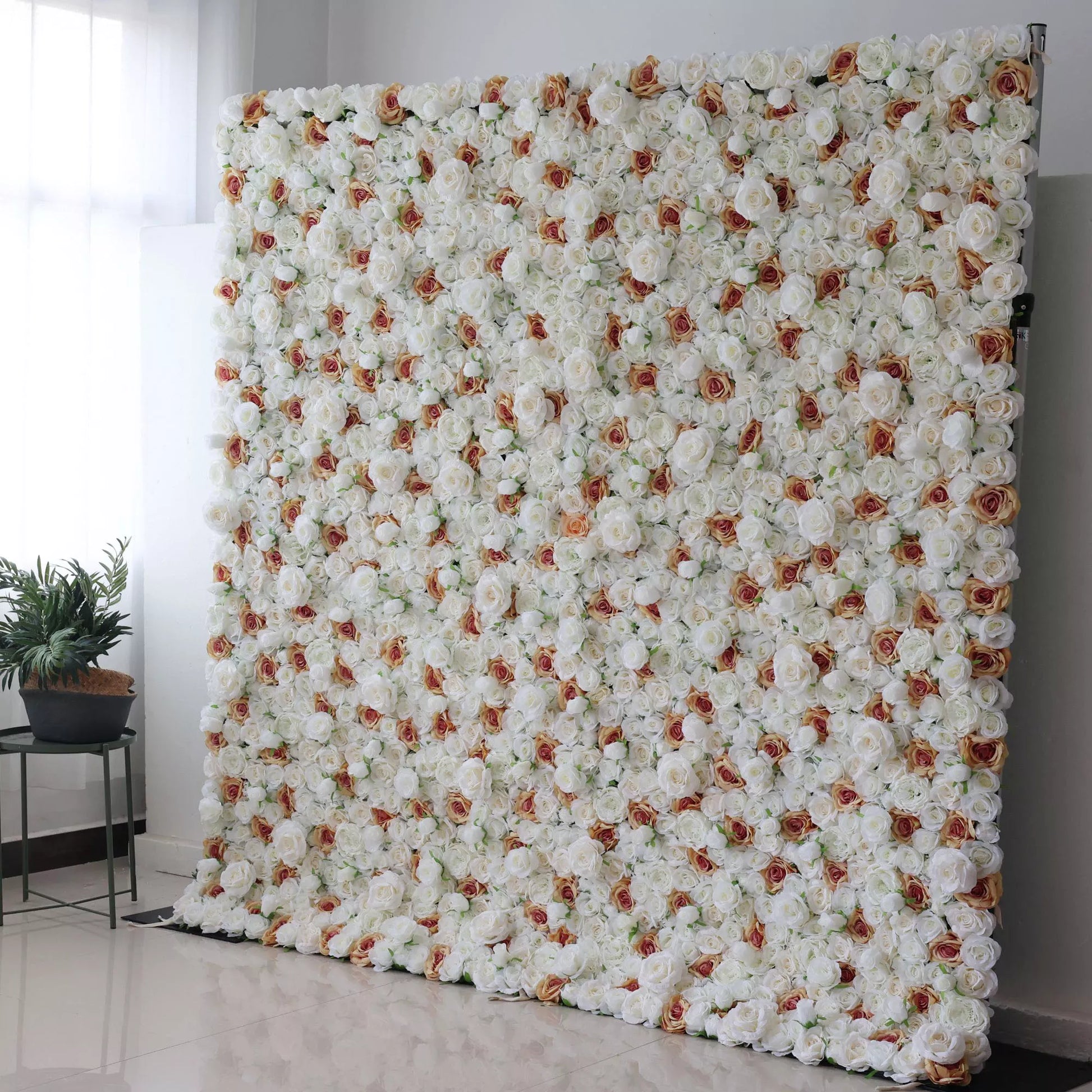 Valar Flowers' Elysian Meadows: A large artificial flower wall features a dense arrangement of white roses, each with a delicate brown - edged center. The uniform, lush blooms create a sophisticated, elegant backdrop, perfect for adding a touch of romance and refinement to events or decor. 