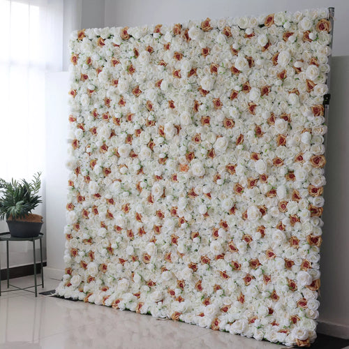Valar Flowers' Elysian Meadows: A large artificial flower wall features a dense arrangement of white roses, each with a delicate brown - edged center. The uniform, lush blooms create a sophisticated, elegant backdrop, perfect for adding a touch of romance and refinement to events or decor. 